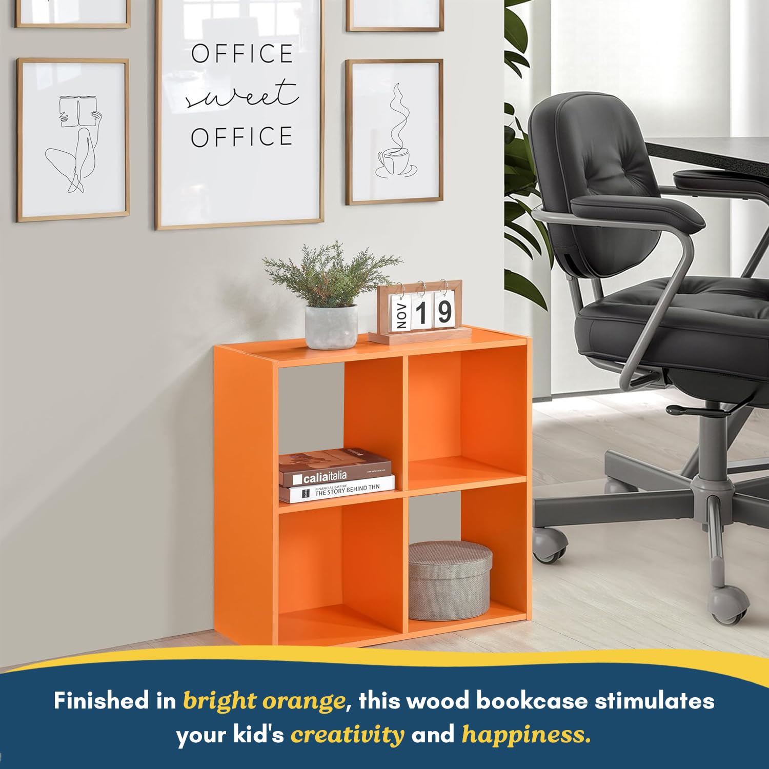 Kings Brand Furniture - 4-Cube Kids Bookcase with Toy Storage, Children's Bookshelf Organizer for Playroom, Bedroom & Nursery - Perfect for Toy Storage, Book Display & Room Organization (Orange)