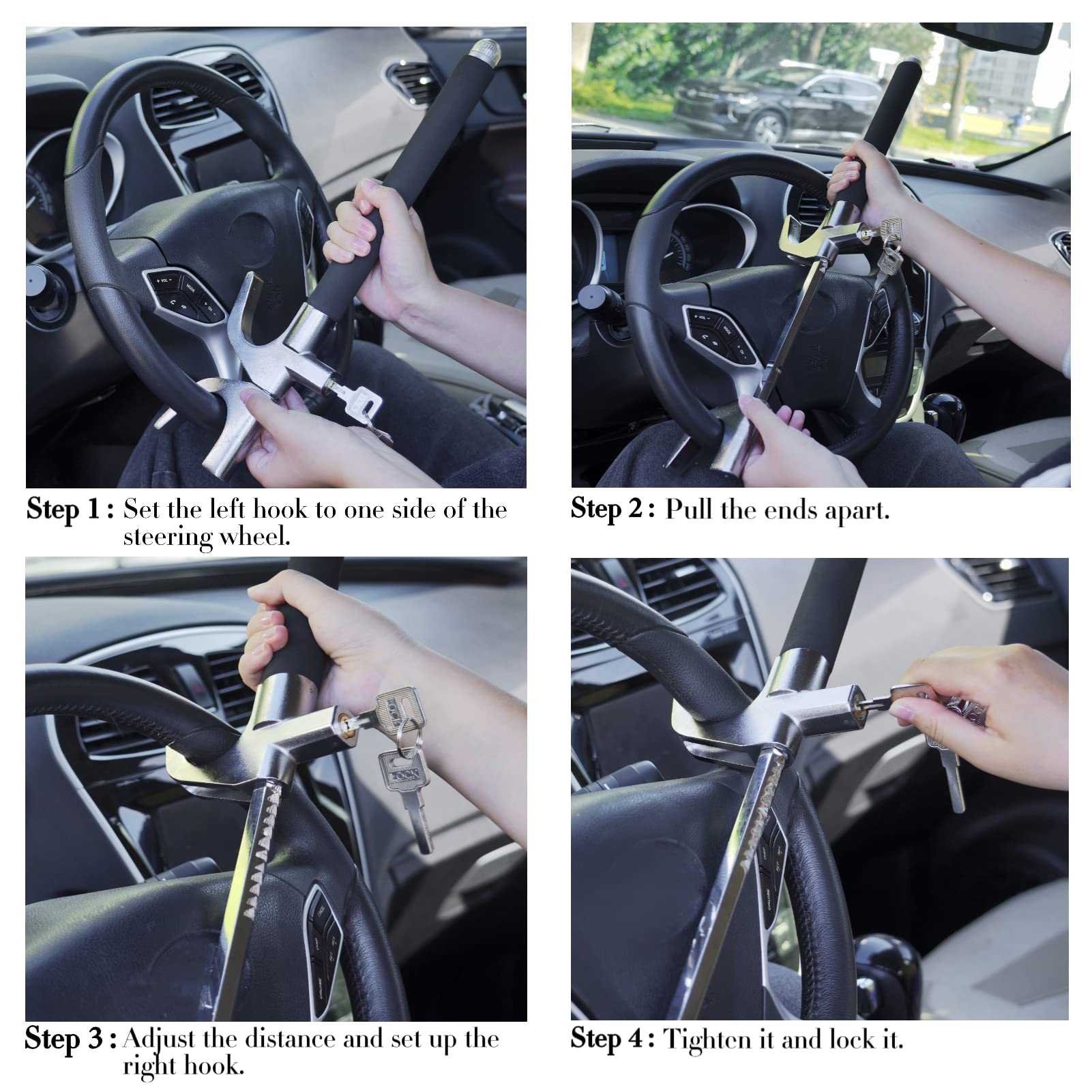 Anti-Theft Heavy Duty Steering Wheel Lock Bar - Adjustable Length Universal Car Security Device with Emergency Hammer & 3 Keys (Black) - Perfect for Parking Security & Vehicle Theft Prevention