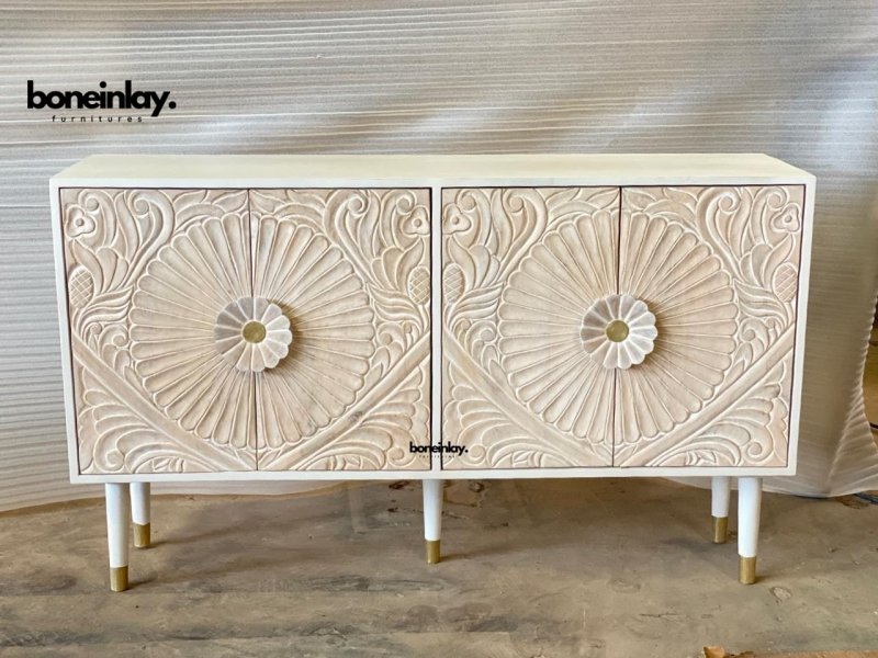 Hand Carved White Two Door Custom Media Console TV Stand - Perfect for Living Room, Bedroom & Home Theater Storage
