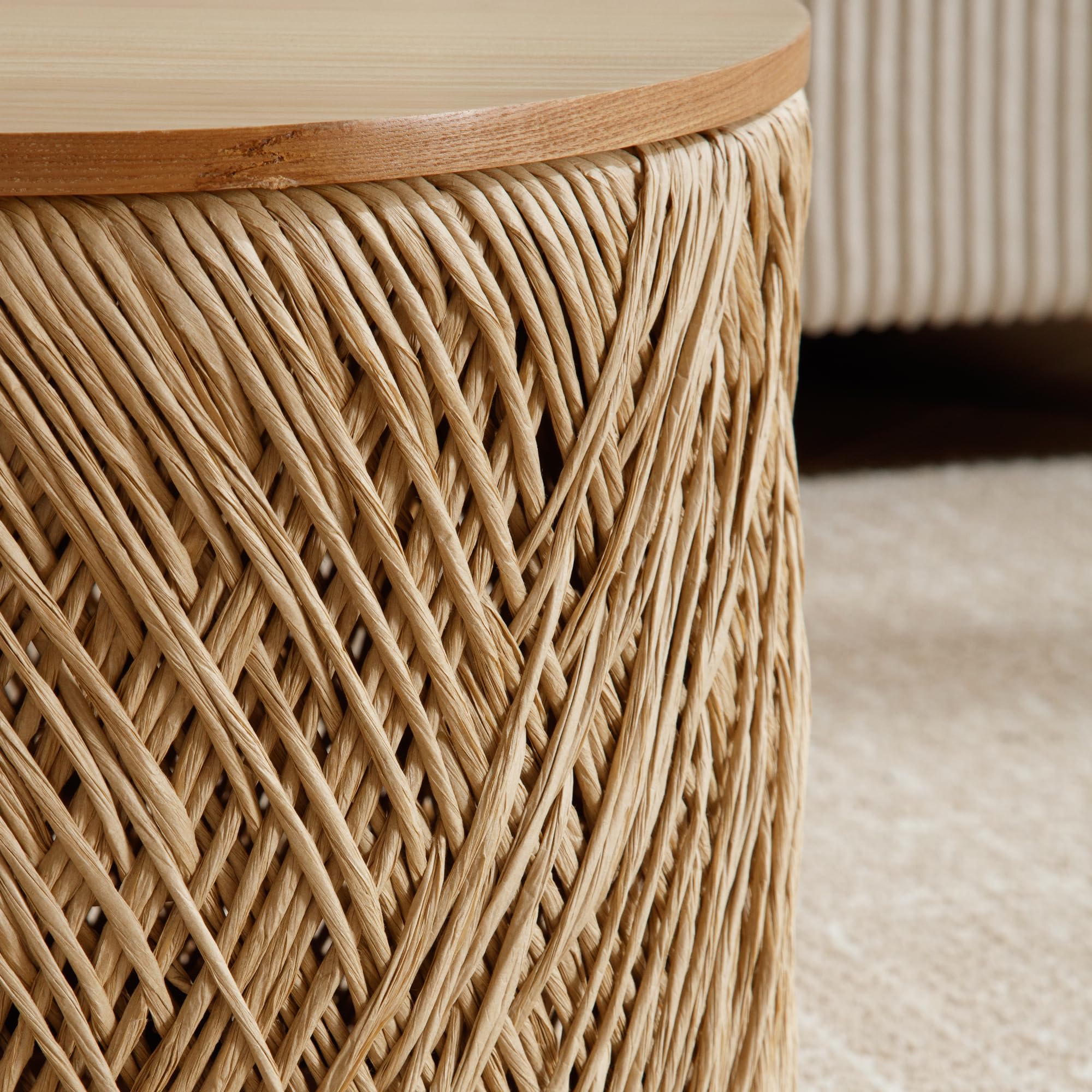 Rustic Round Coffee Table with Storage - Handwoven Rattan Lift Top Boho Side Table for Living Room, Bedroom & Patio - Natural Wood Nesting Table for Home Decor