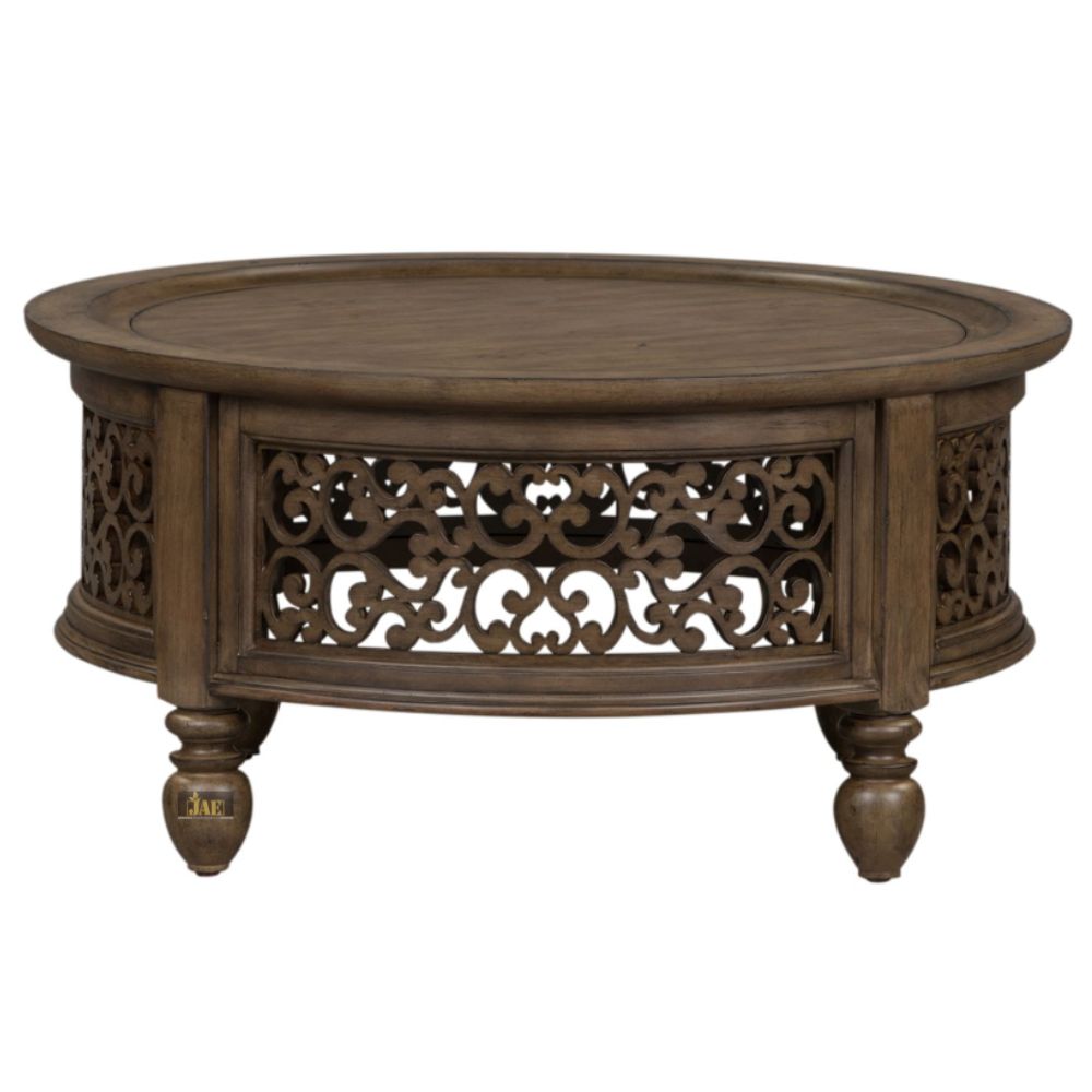 Handmade Carved Mango Wood Round Coffee Table with Jali Work - Walnut Finish - Rustic Boho Living Room Furniture for Home Decor