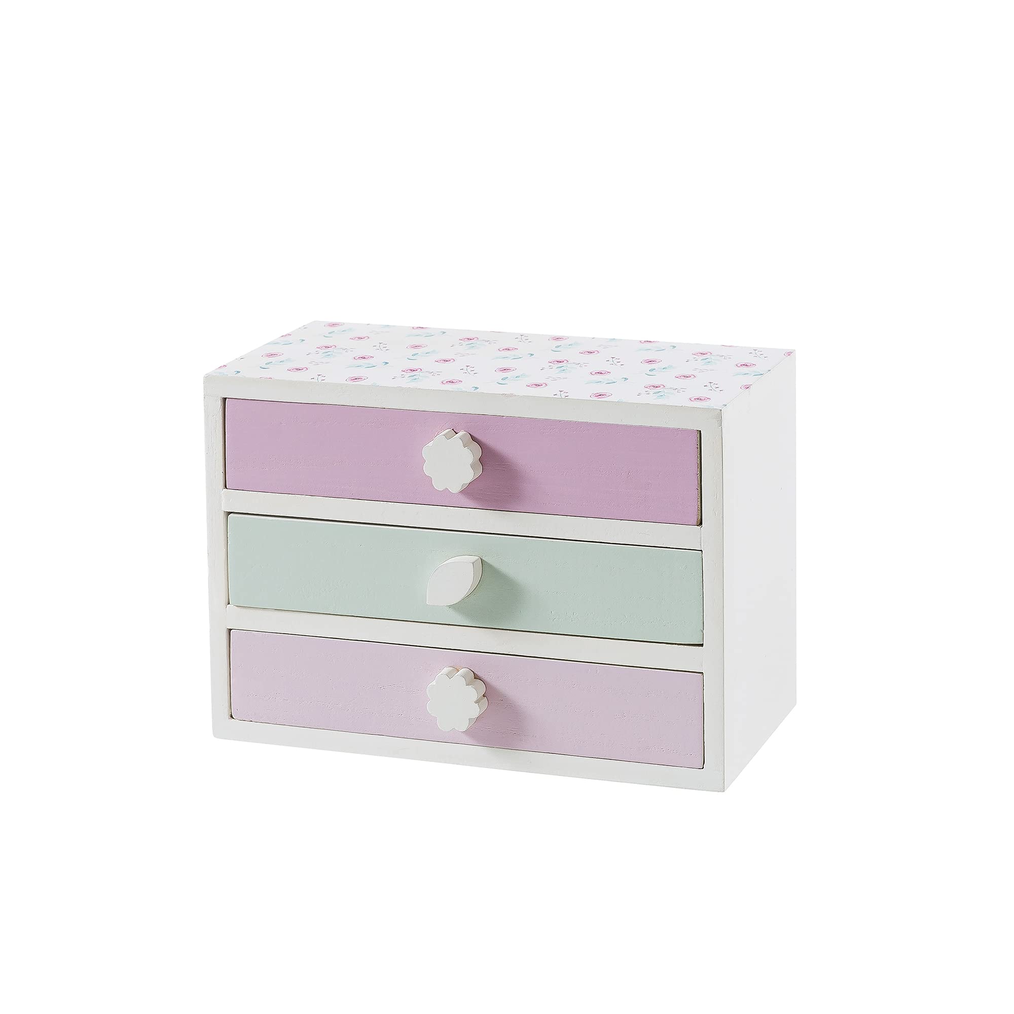 Wooden Desk Organizer with 3 Drawers - White Mini Drawer Storage Box for Office Supplies, Sewing Kits & Jewelry | Floral Romance Design | Perfect for Home Office, Craft Room & Vanity Organization