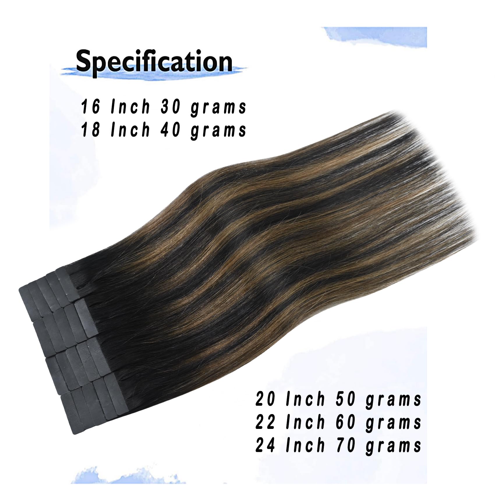 Ombre Black to Light Brown Human Hair Extensions 16 Inch - Silky Straight 30g 20pcs Natural Black to Chestnut Brown Highlight Tape-in Hair | Perfect for Daily Styling, Parties & Special Occasions