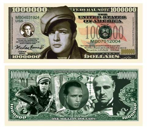 Authentic Marlon Brando Million Dollar Bill Replica (Pack of 5) - Collectible Memorabilia for Movie Fans - Perfect for The Godfather Themed Parties, Film Collector Displays & Vintage Hollywood Decor