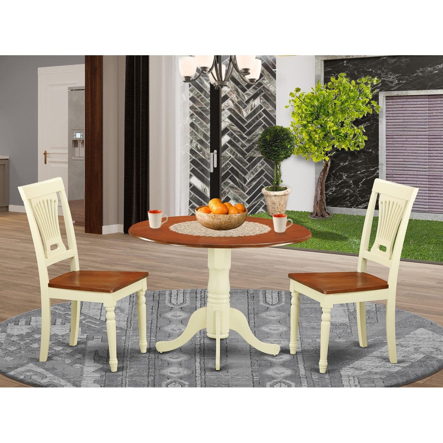 East West Furniture DLPL3-BMK-W 3-Piece Round Drop Leaf Kitchen Table Set with 2 Chairs - Space-Saving Dining Solution for Small Spaces, 42x42 Inch, Buttermilk & Cherry Finish - Perfect for Apartments, Breakfast Nooks & Cozy Kitchens
