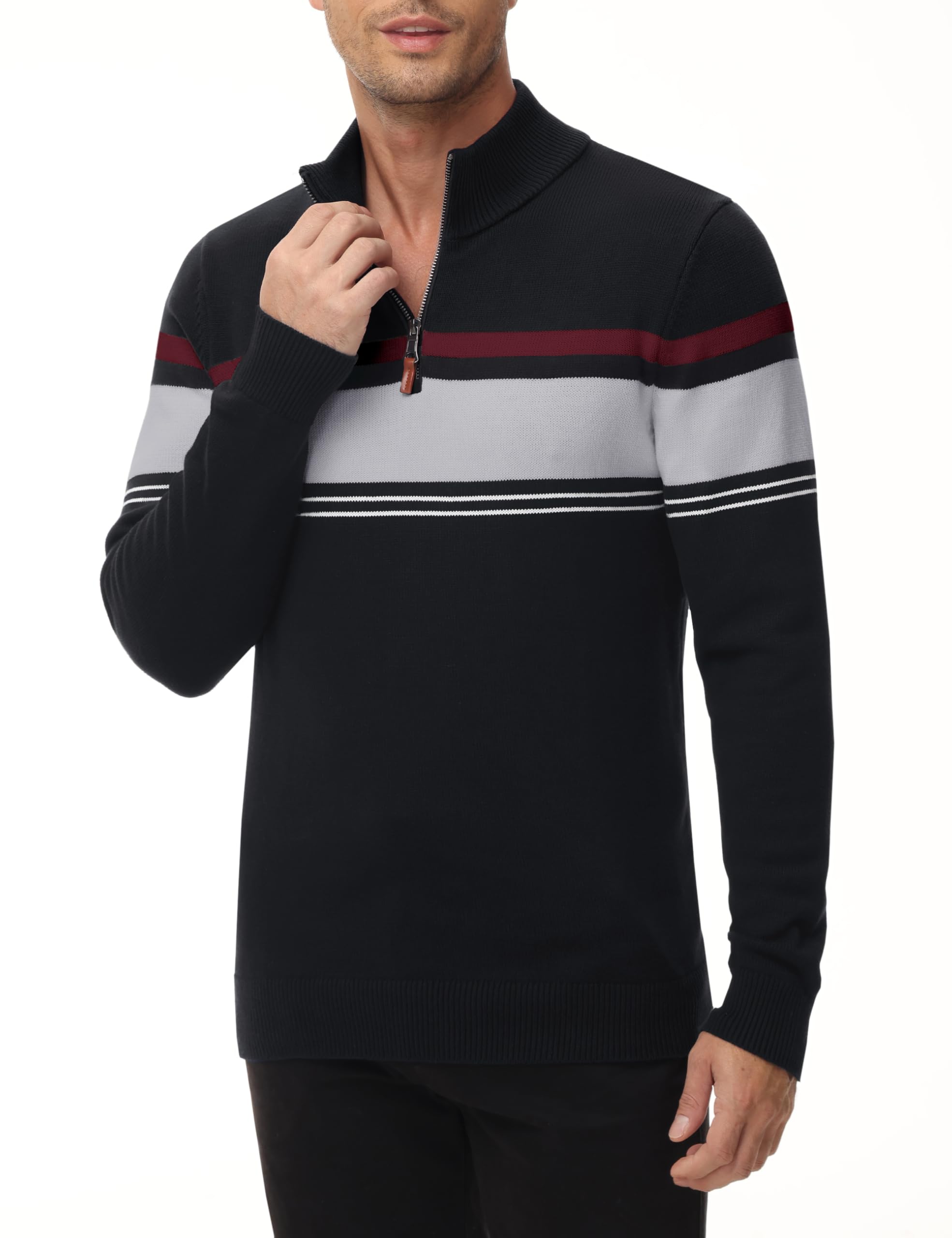 MAGNIVIT Men's Quarter Zip Striped Sweater Pullover - Color Block Polo Sweatshirt for Fall, Winter & Spring | Casual Wear, Office Outfits & Outdoor Activities