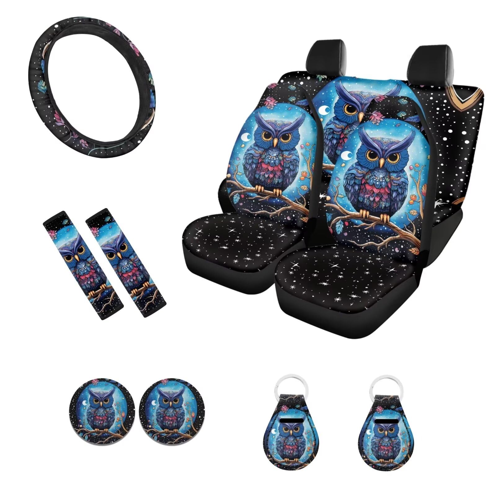 Galaxy Owl Car Seat Covers Full Set - Premium Steering Wheel Cover, Trunk Liner & Seat Belt Pads for Women (Black) - Perfect for SUVs, Sedans & Road Trips - Car Interior Accessories Set with Coasters & Keychains