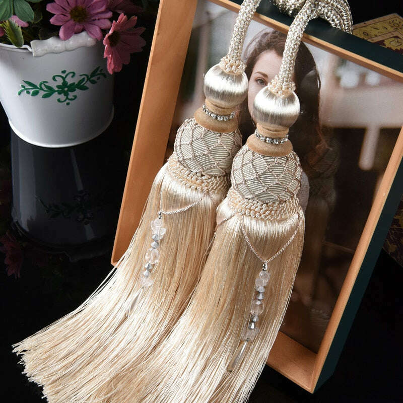 Grace Decorative Tassel Tieback - Elegant Window Curtain Holdbacks for Living Room, Bedroom & Drapes - Gold & Beige Home Decor Accessories (Set of 2)
