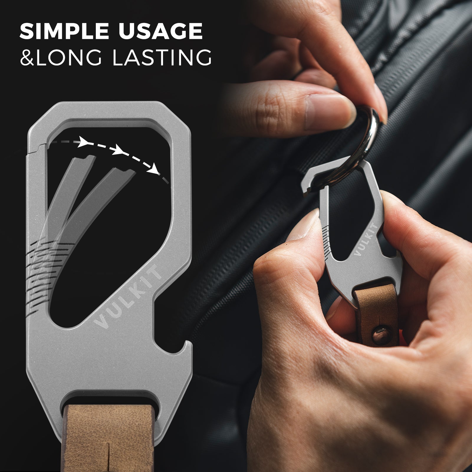 VKC100 Titanium Leather Belt Loop Keychain with Bottle Opener & EDC Carabiner Key Ring - Durable Multi-Tool for Outdoor, Hiking, Camping & Everyday Carry (EDC) Accessories
