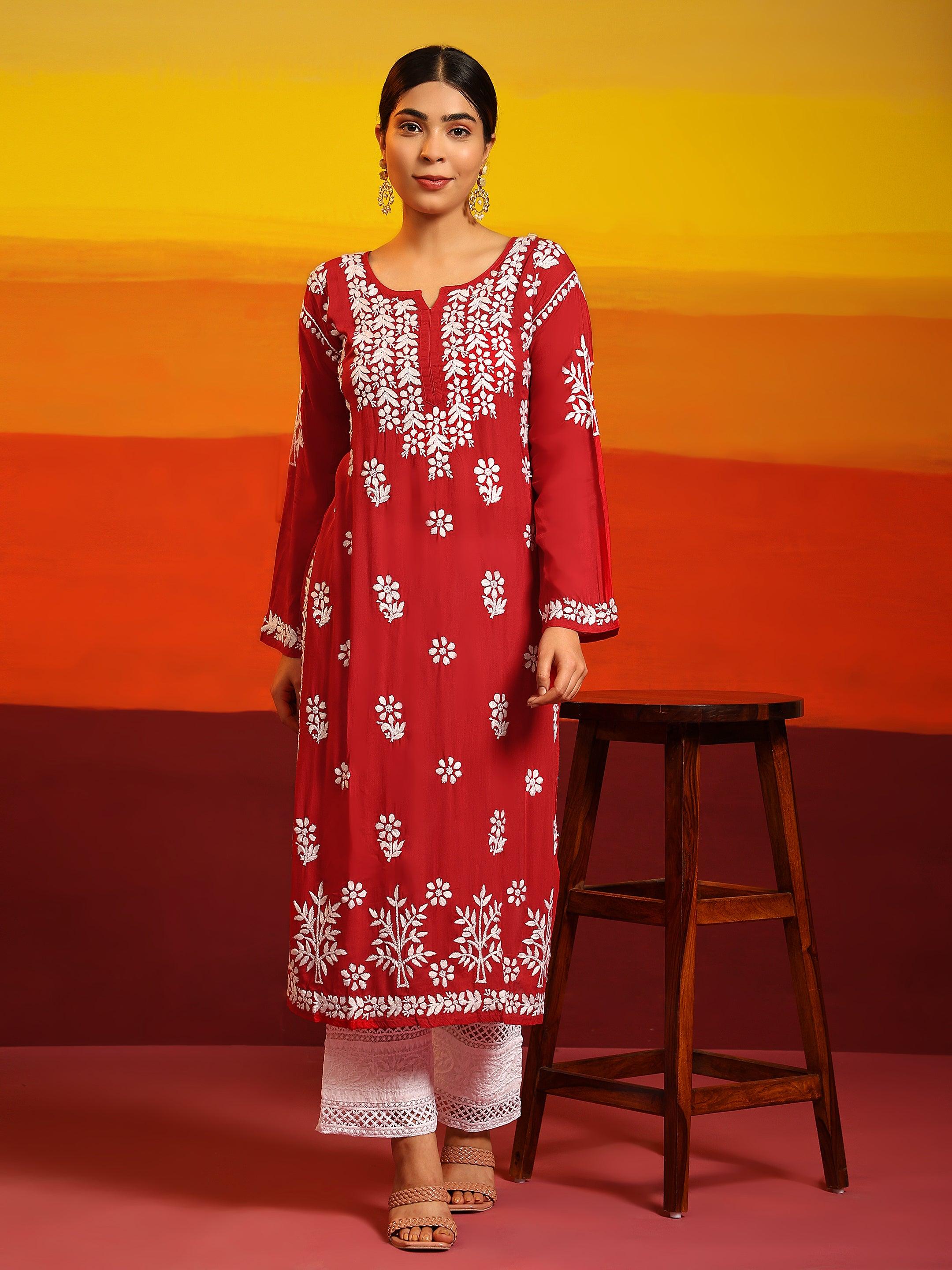 Samma Premium Hand Embroidery Chikankari Kurta in Soft Modal Cotton - Red Ethnic Indian Tunic for Women | Perfect for Festivals, Weddings & Casual Wear