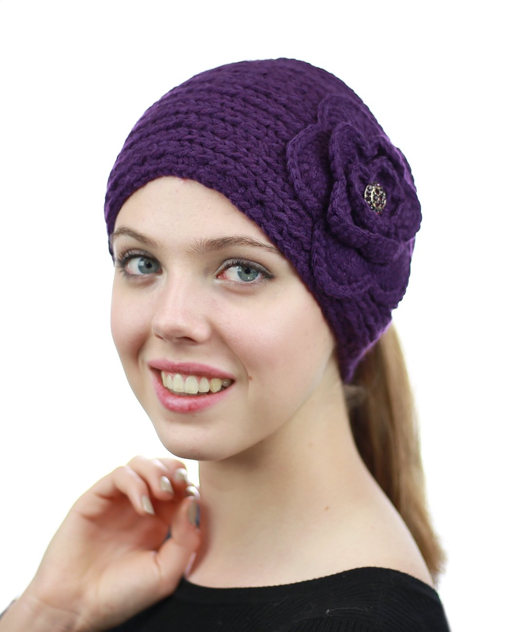 NYFASHION101 Stone Accent Hand Knitted Flower Winter Headband - Warm Knit Headwrap for Women & Girls - Perfect for Cold Weather, Outdoor Activities & Fashion Accessories