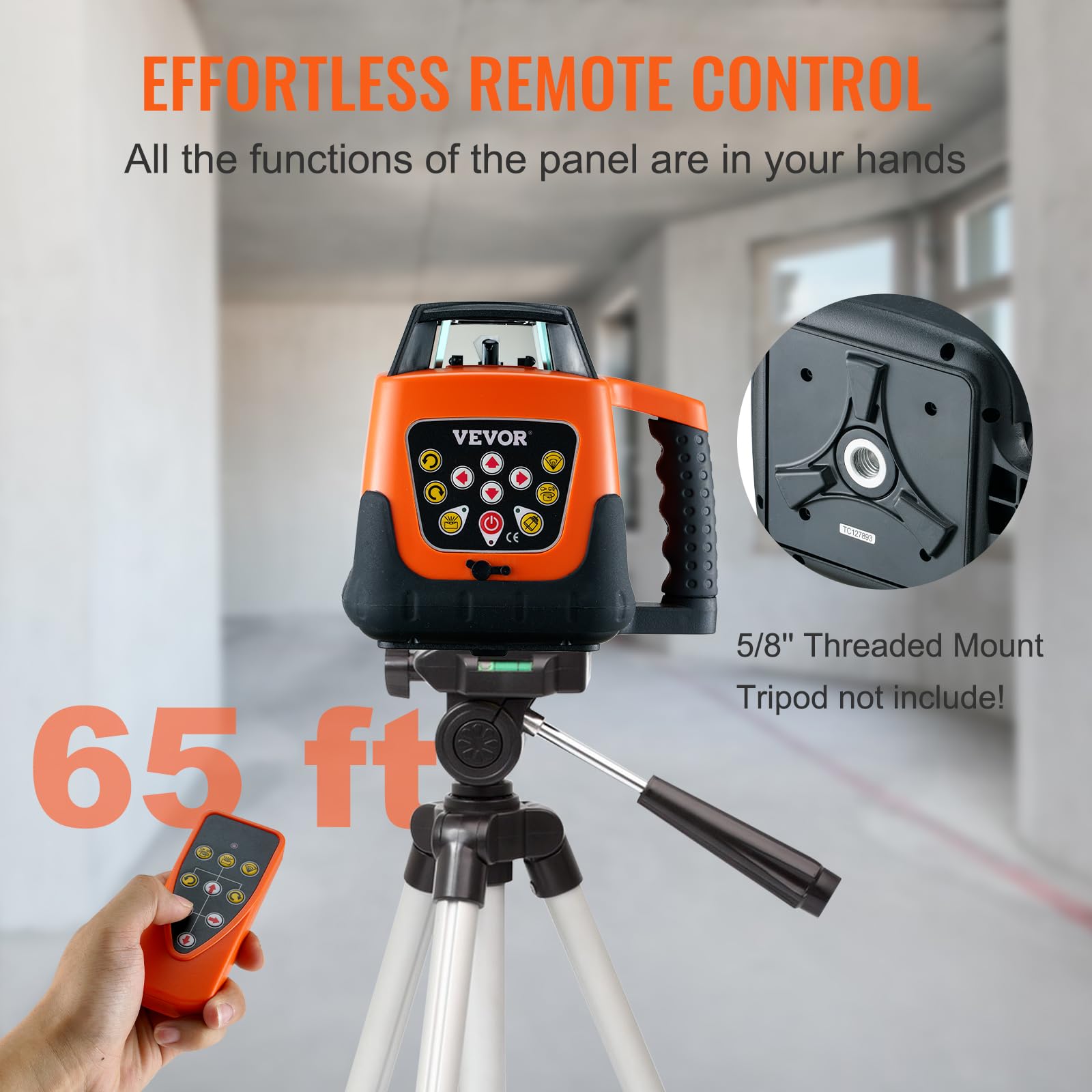 VEVOR 360-Degree Self-Leveling Rotary Laser Level with Remote Control - 1650ft Red Cross Line Laser, 5 Rotation Speeds & 4 Scanning Angles, IP66 Waterproof, Battery Included - Perfect for Construction, Floor Leveling, and DIY Home Projects