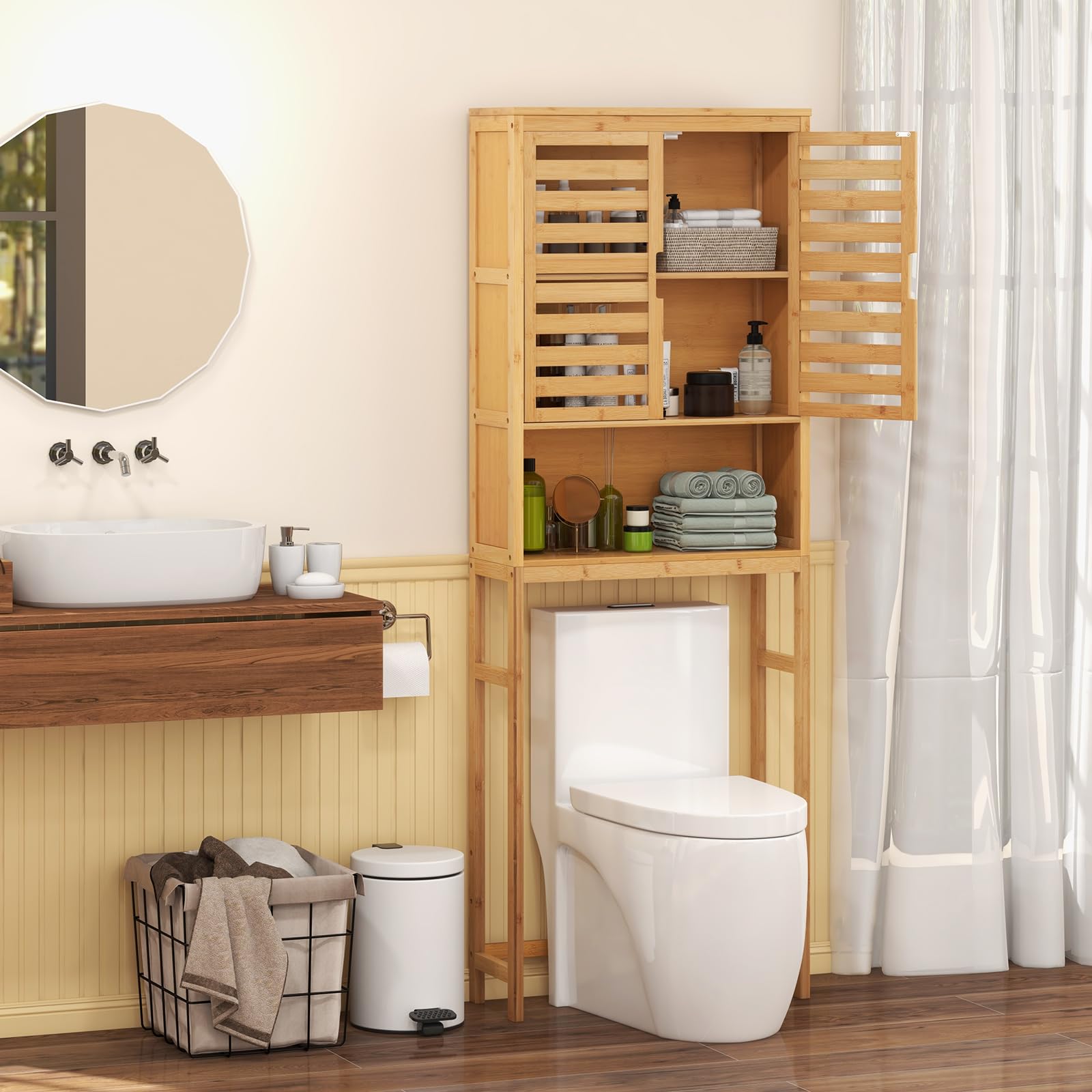 Giantex Over The Toilet Storage Cabinet - Bamboo Freestanding Bathroom Organizer with Shelves & Louver Doors | Anti-Tipping Design, Bottom Crossbar for Stability | Space Saving Toilet Rack for Towels, Toiletries & Bathroom Essentials | Perfect for Small Bathrooms, Apartments & Powder Rooms