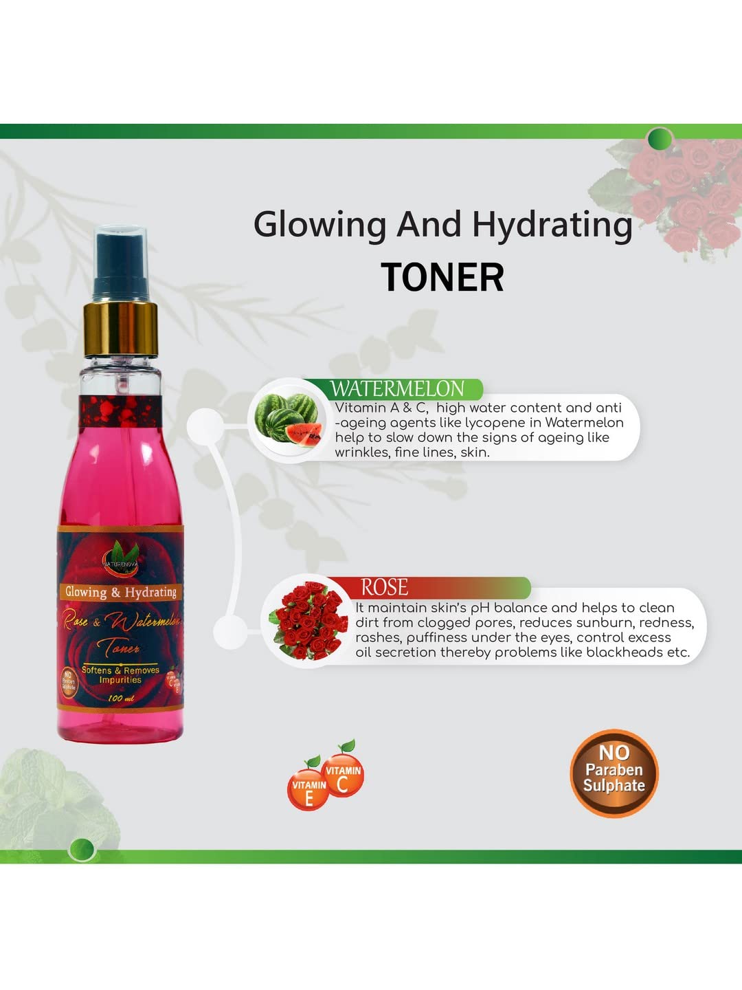 NatureNova Herbals Glowing & Hydrating Rose Watermelon Facial Toner - 100ml | Hydrating, Brightening & Soothing | Perfect for Dry, Dull Skin & Daily Skincare Routine