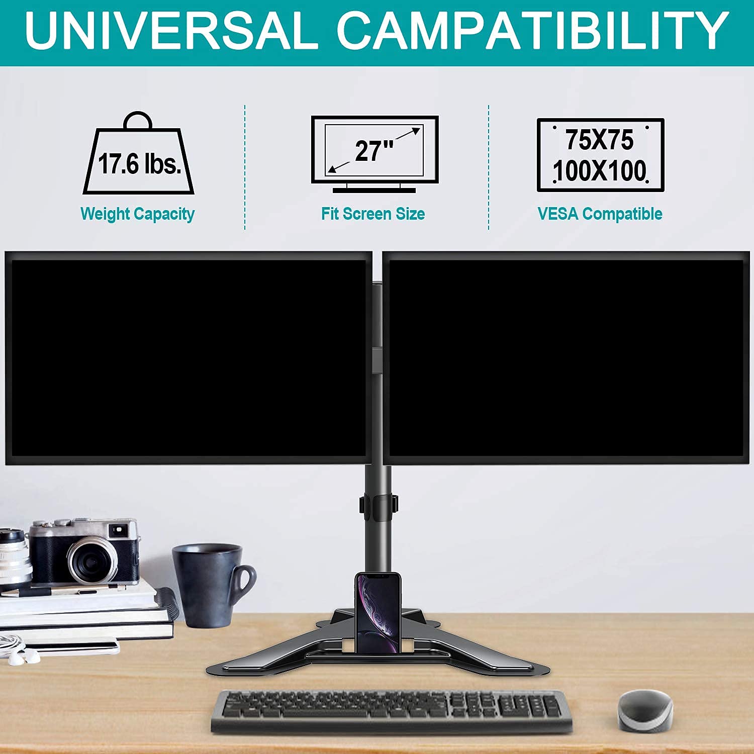 MOUNT PRO Dual Monitor Stand - Adjustable Free Standing & Wall Mount for 2 Screens up to 27 inch - Full Motion Gas Spring Monitor Arm with Height Adjustment - Perfect for Home Office, Gaming Setup & Workspace Ergonomics