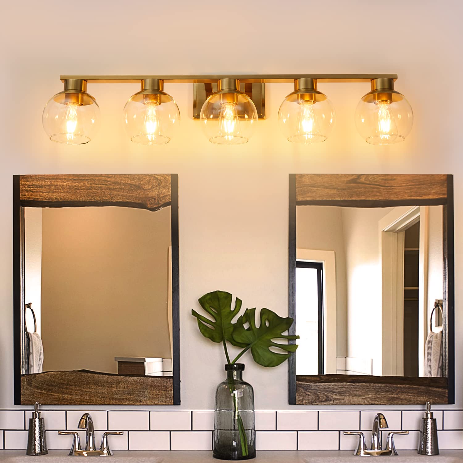 PAZALA Brushed Brass 5-Light Bathroom Vanity Light Fixture - Wall Sconce with Globe Glass Shade & E26 Base - Perfect for Bathroom Mirror, Bedroom, Living Room, Hallway & Picture Wall Lighting (Ideal for Modern Home Decor & Vanity Makeup Area)