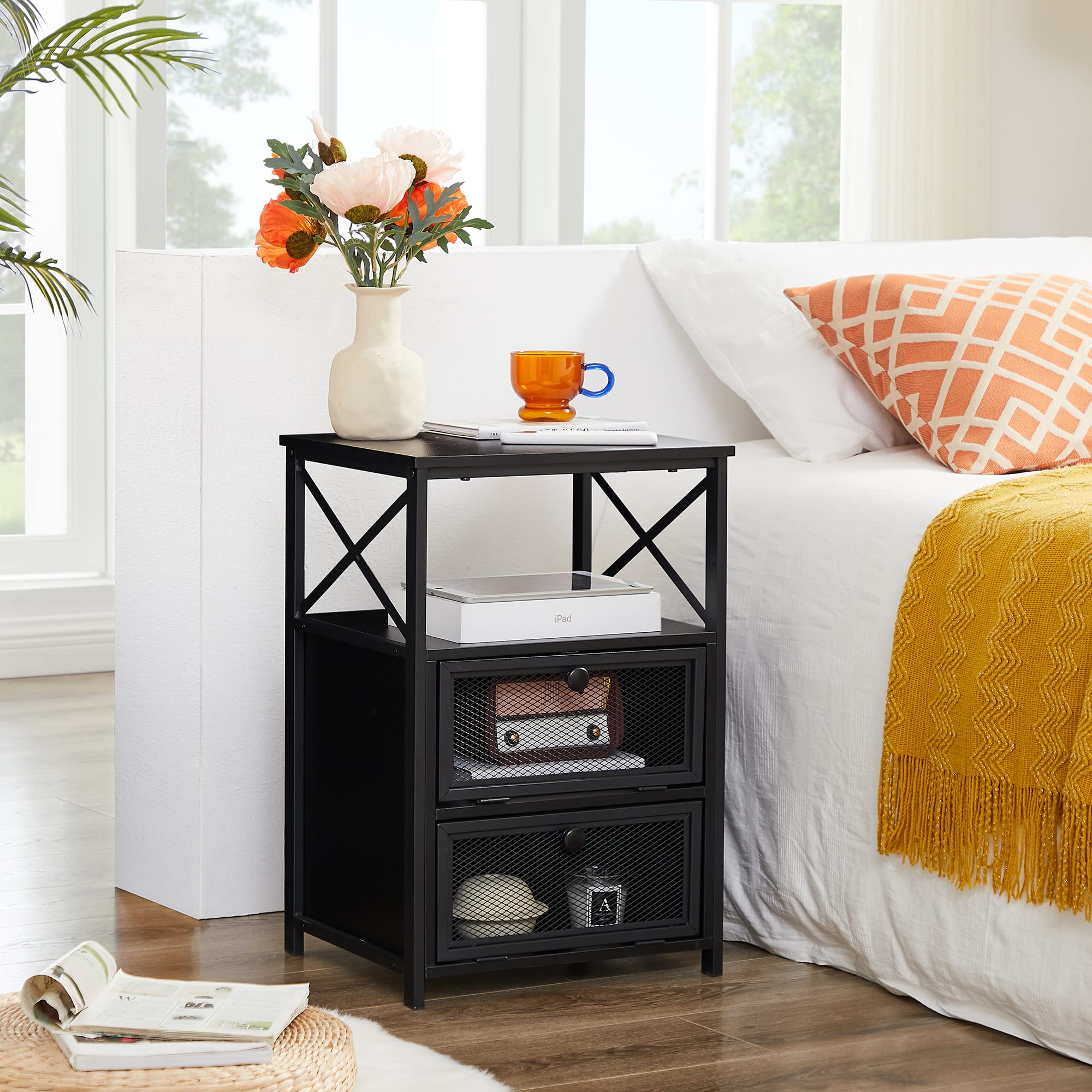 VECELO Modern Night Stand with Storage & Flip Drawers - 2-Piece Set, Black End Side Table for Bedroom, Living Room & Lounge - Perfect for Small Spaces & Apartment Living
