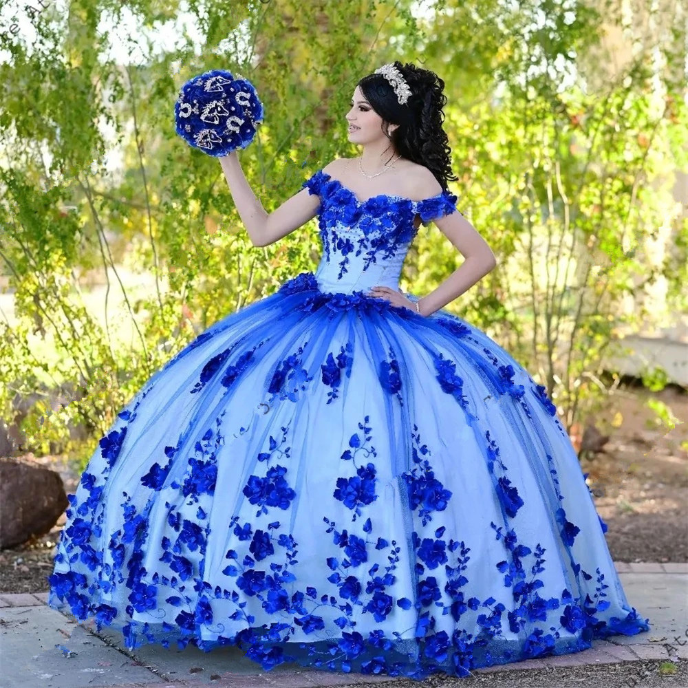 Royal Blue Quinceañera Dresses for Sweet 15 - Princess Beaded Pearls & 3D Flower Ball Gown | Perfect for Quinceañera Celebrations, Birthday Parties & Special Occasions