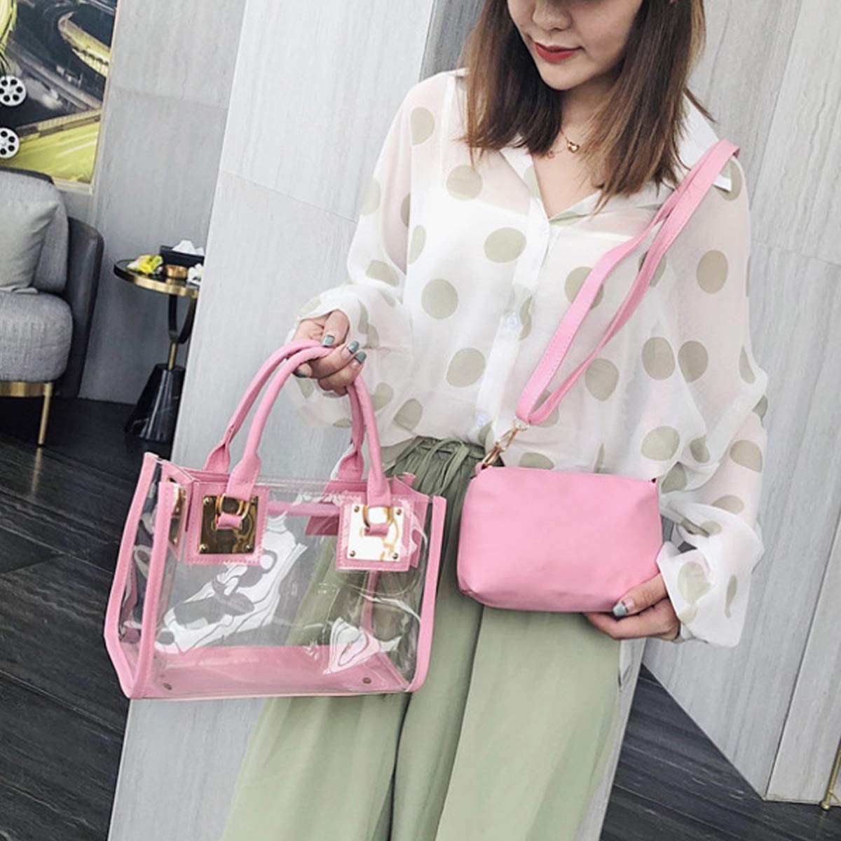 Women's 2-Piece PVC Clear Tote Bag Set - Shoulder & Handbag for Daily Use