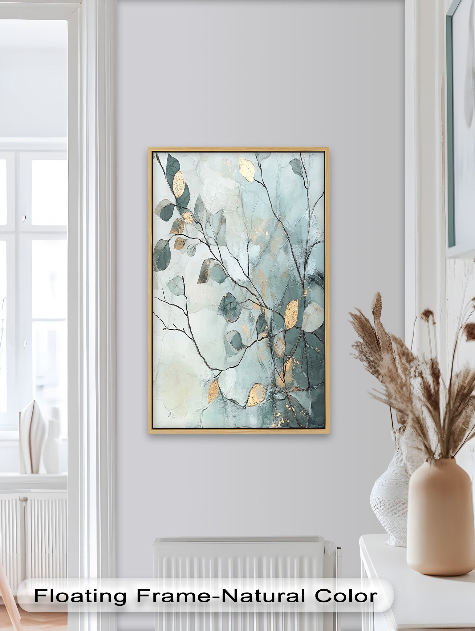 Blue and Metallic Leaf Branch Abstract Oil Painting - Handmade Canvas Wall Art for Living Room, Bedroom & Office Decor