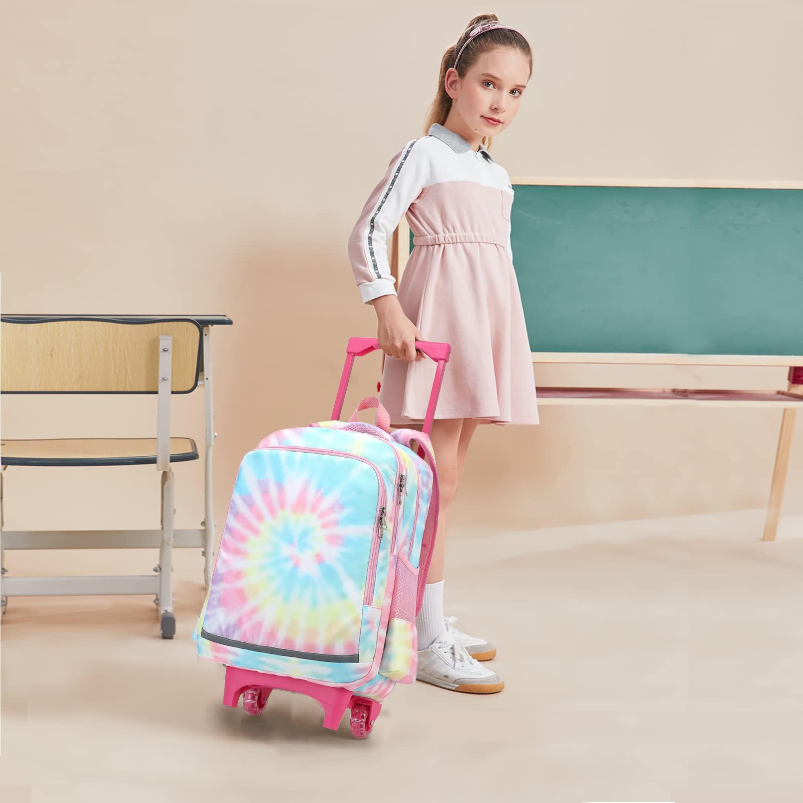 CAMTOP 18 Inch Rolling Backpack for Girls - Wheeled School Bag with Retractable Handle, Travel Carry-On Luggage for Kids | Perfect for School, Travel, and Daily Commute