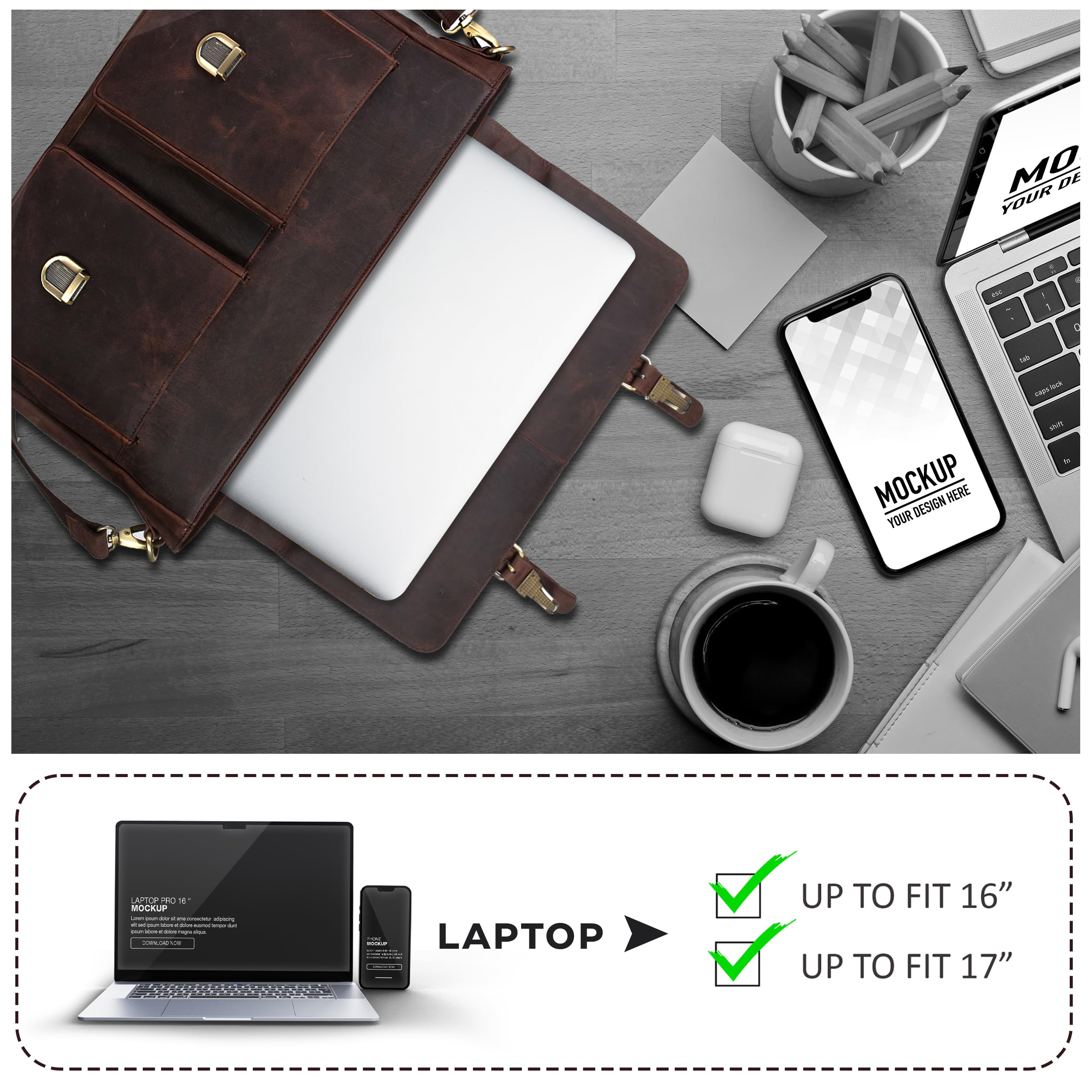 Premium Genuine Oak Leather Messenger Bag for Men & Women - Stylish Laptop Briefcase with Adjustable Shoulder Strap - Perfect for Office, College, Business Travel & Daily Commute
