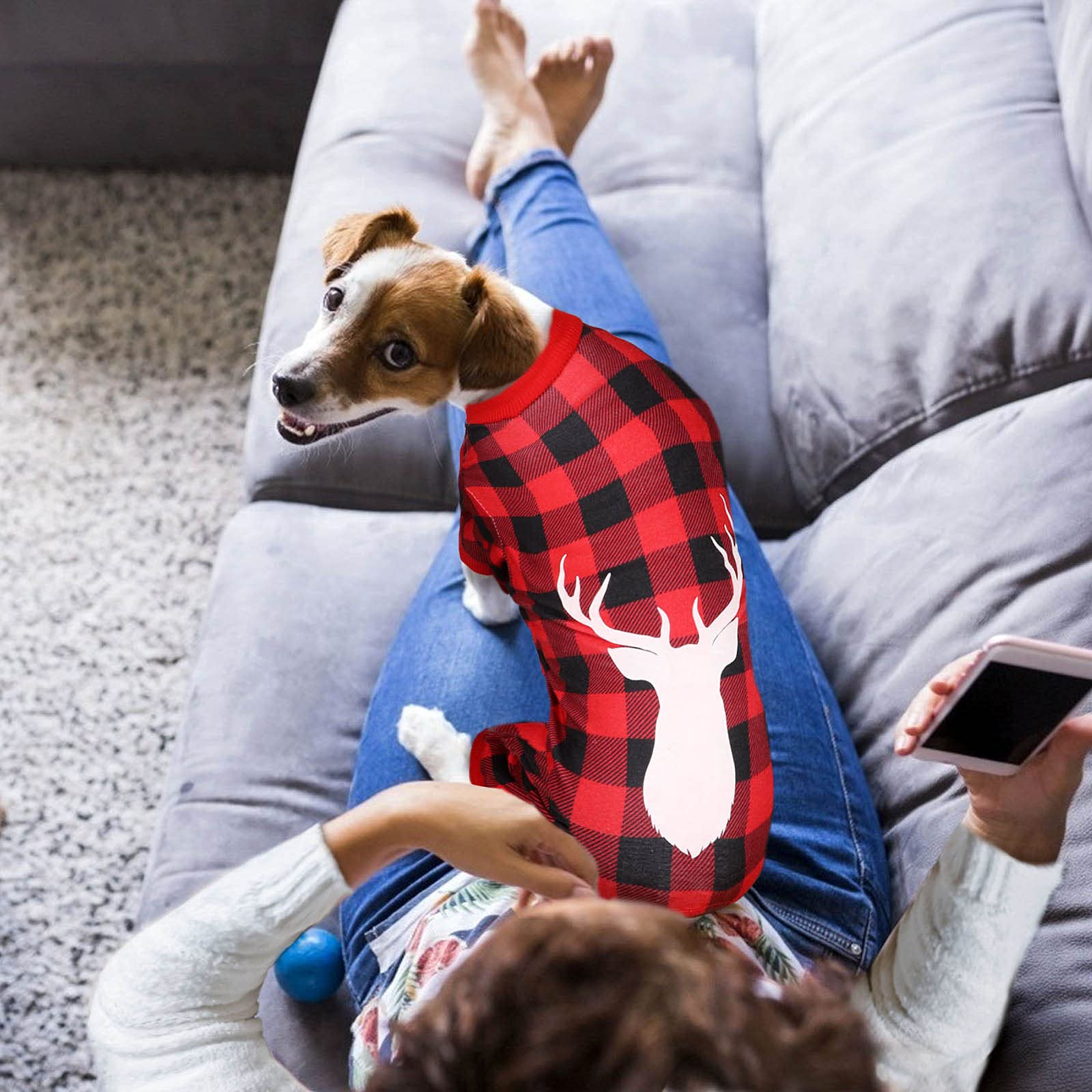 Buffalo Plaid & Reindeer Print Dog Pajamas - Super Soft Stretchy Christmas Onesie for Small Dogs (XS) | Cozy Winter Sleepwear & Holiday Pet Costume