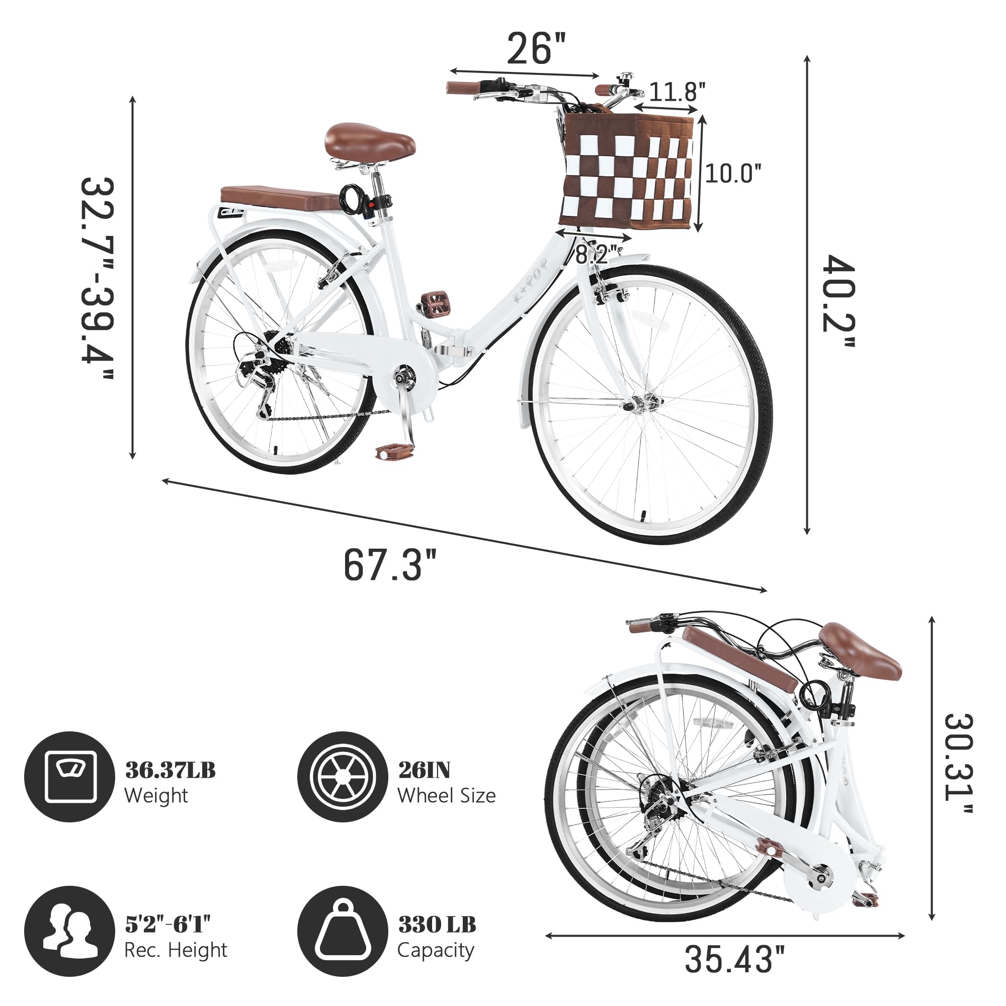26 Inch Women's Foldable Beach Cruiser Bike - 7 Speed Commuter Bicycle with Basket & Fenders, High-Carbon Steel Frame - Perfect for Seaside Rides, City Commuting & Leisure Cycling