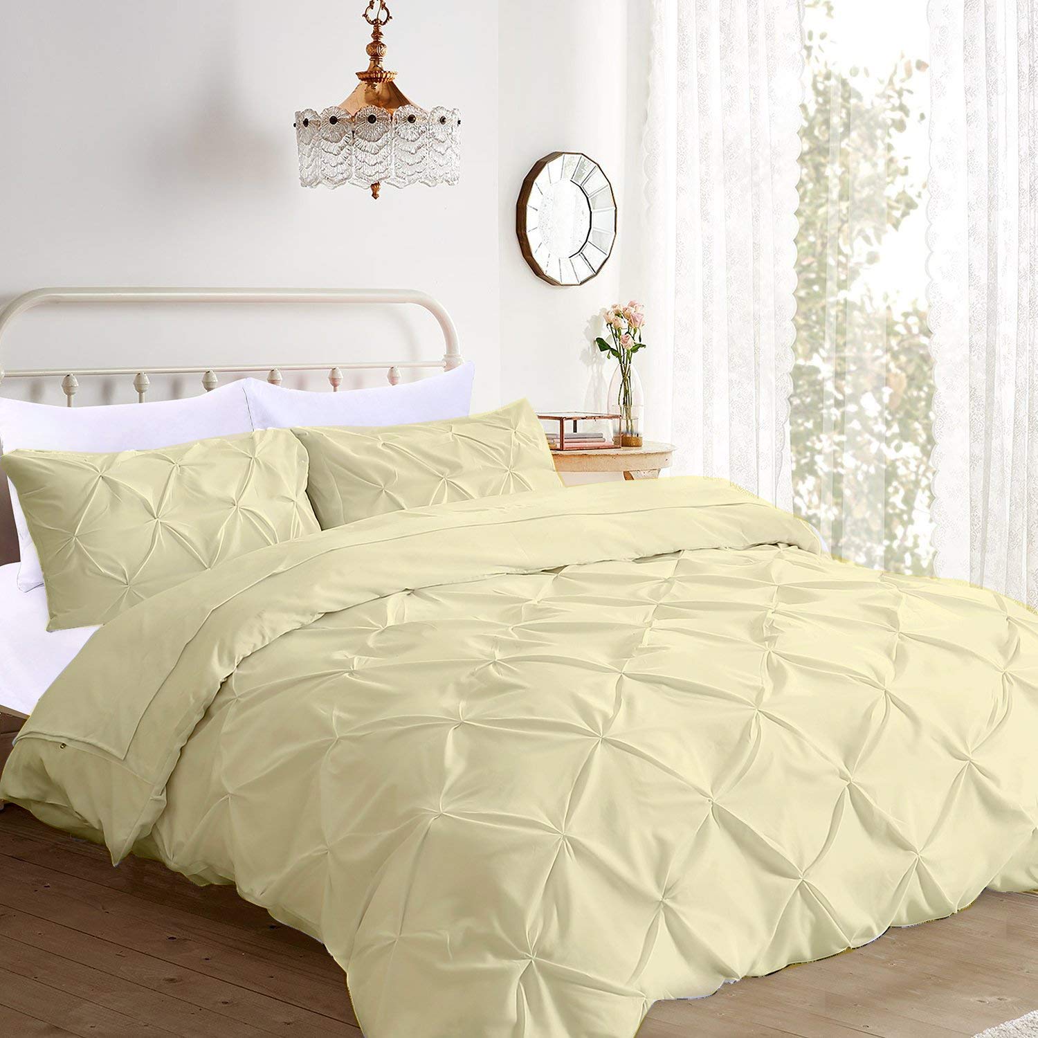 Luxury 5-Piece 100% Egyptian Cotton Pintuck Comforter Set - 400 Thread Count, 300 GSM Ultra Soft Bedding with Pinch Pleat Design (Queen Size, Ivory) - Perfect for Master Bedroom, Guest Room & Hotel Style Decor