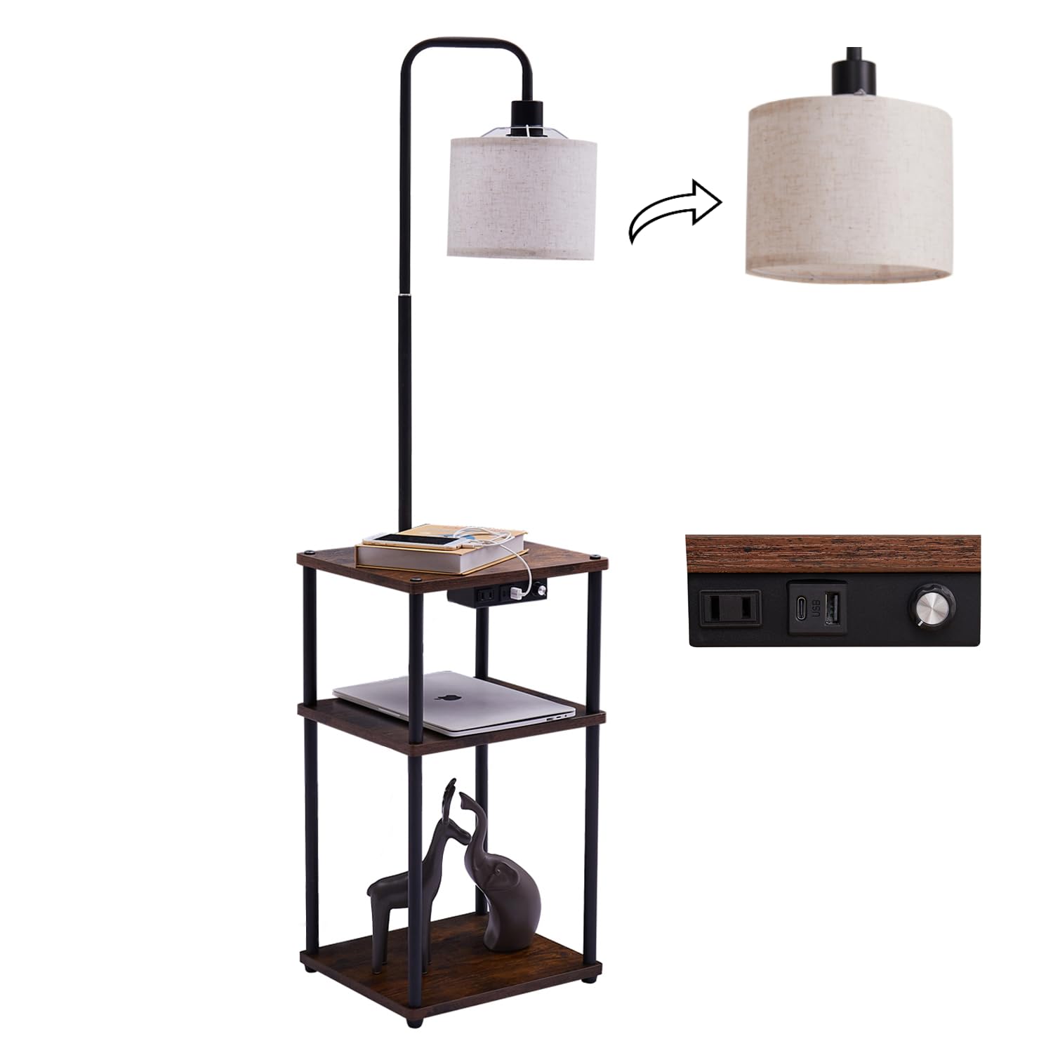 HSPauto Modern Floor Lamp with Side Table - Rustic End Table Lamp with USB/Type-C/AC Charging Station, 3-Color Temperature LED Bulb & Storage Shelves - Perfect for Living Room, Bedroom, Office Reading Corner & Nightstand Lighting