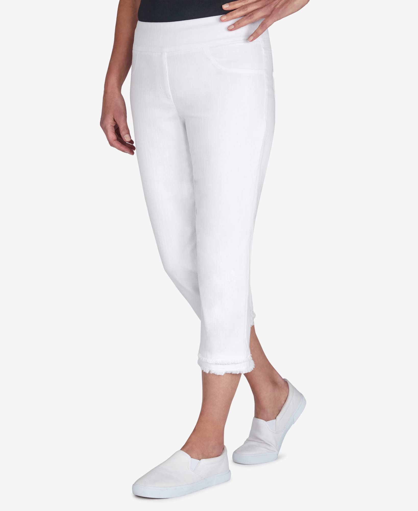 Ruby Rd. Women's Soft Stretch Flared Hem White Denim Capri Pants - Comfortable Summer Casual Wear for Beach, Shopping & Outdoor Activities
