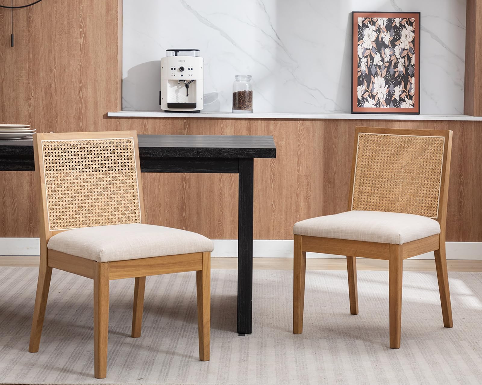 Vintage Rattan Dining Chairs Set of 2 - Mid Century Modern Kitchen & Dining Room Chairs with Cane Upholstery and Solid Hardwood Frame in Beige - Perfect for Farmhouse, Boho, or Coastal Style Dining Areas