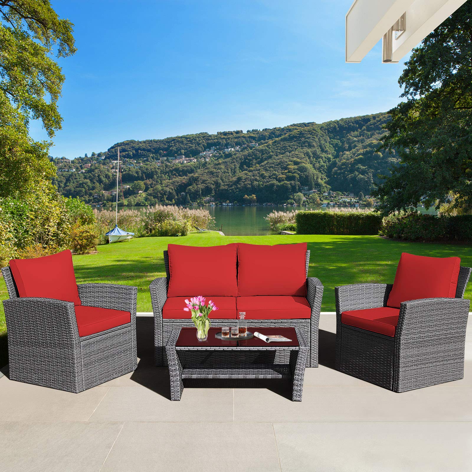 4-Piece Outdoor Rattan Patio Furniture Set with Cushions & Coffee Table - Wicker Sectional Sofa for Garden, Porch, Balcony, Poolside | Durable & Weather-Resistant Conversation Set for Relaxing & Entertaining