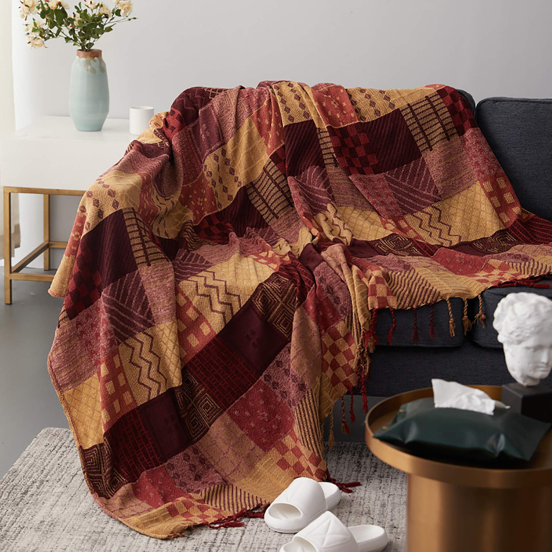 Bohemian Throw Blankets - Colorful Chenille Jacquard with Tassels, Soft Decorative Blanket for Bed, Couch, Sofa & Loveseat - Dark Red & Beige Boho Chic Home Decor | Perfect for Cozy Evenings & Bohemian Styling