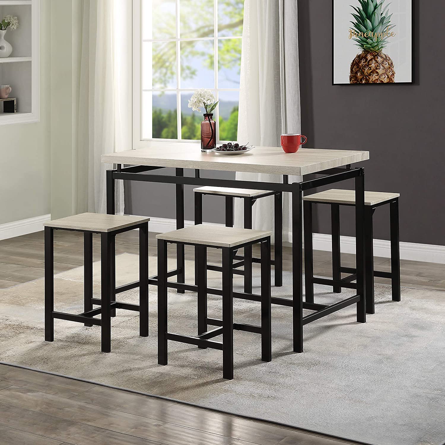 Anwick 5-Piece Counter Height Dining Table Set with 4 Wooden Bar Stools, Beige - Perfect for Kitchen, Dining Room, Pub or Small Space Entertainment