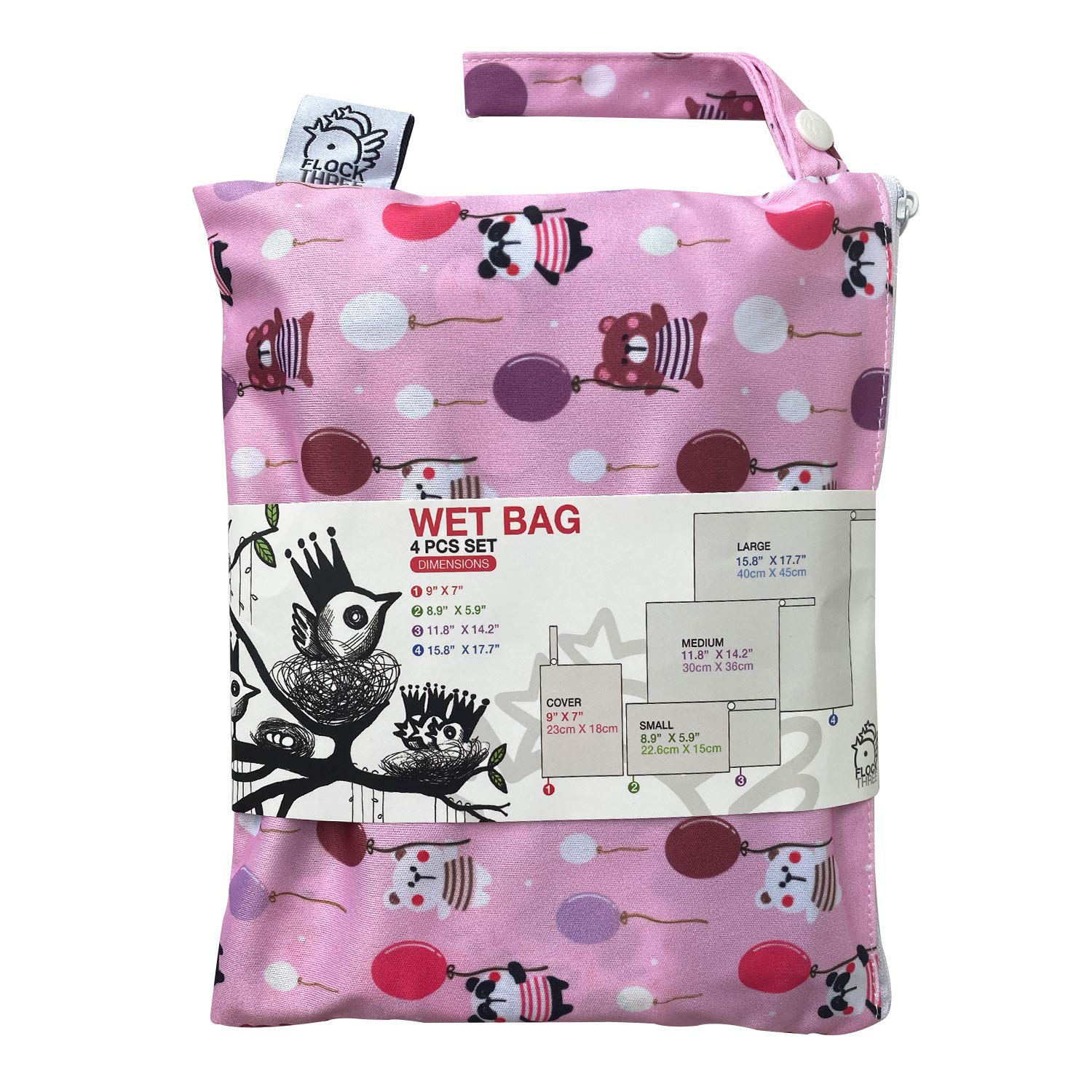 FLOCK THREE 4-Pack Waterproof Wet Bags - Reusable for Wet Clothes, Baby Diapers, Swimsuits & Travel Toiletries - Perfect for Strollers, Beach Trips & Electronics Storage (Windy Days Design) - Ideal for Moms, Travelers & Gym Enthusiasts