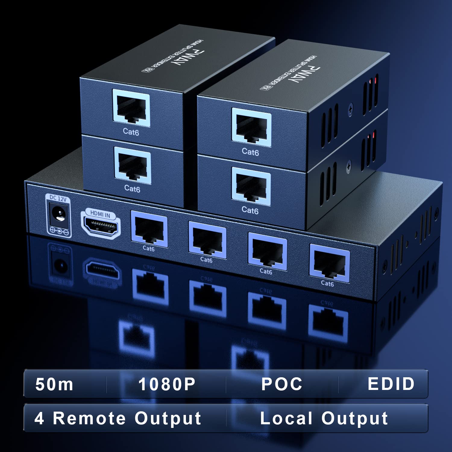 Premium 1x4 HDMI Splitter Extender Over Cat5e/Cat6 - 1080P@60Hz, 50m/165ft Range, Zero Latency (1 Input 4 Output) - Ideal for Home Theater, Conference Rooms & Multi-Screen Gaming Setups