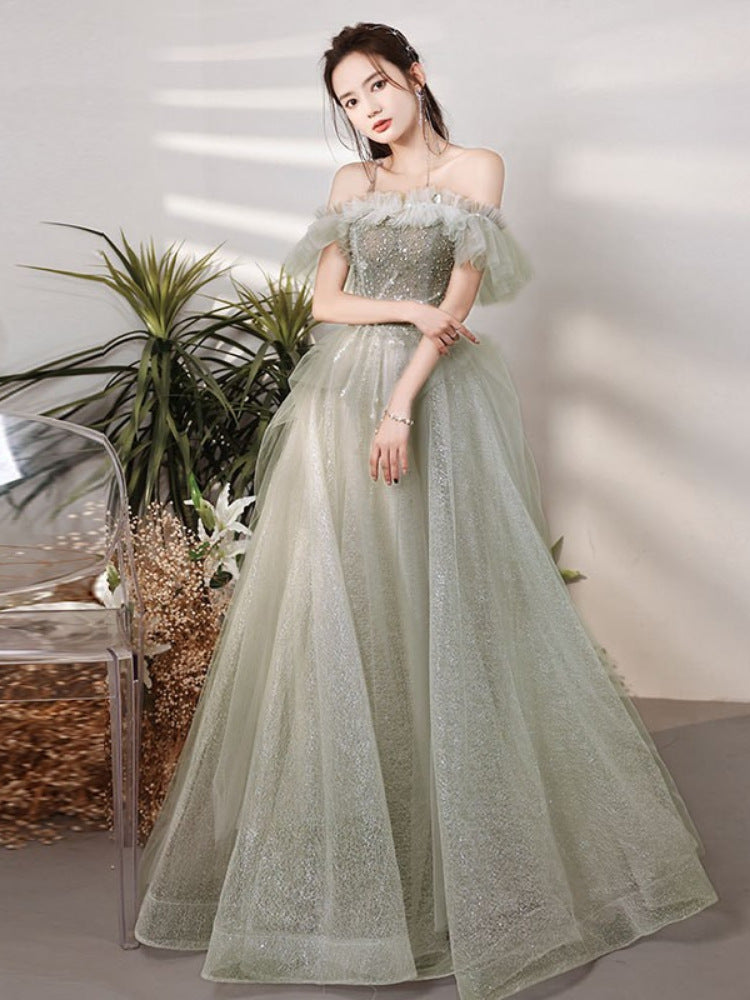 Elegant Beaded Green Tulle Long Prom Dress Off Shoulder Evening Gown for Women - Perfect for Formal Dances, Weddings & Special Occasions