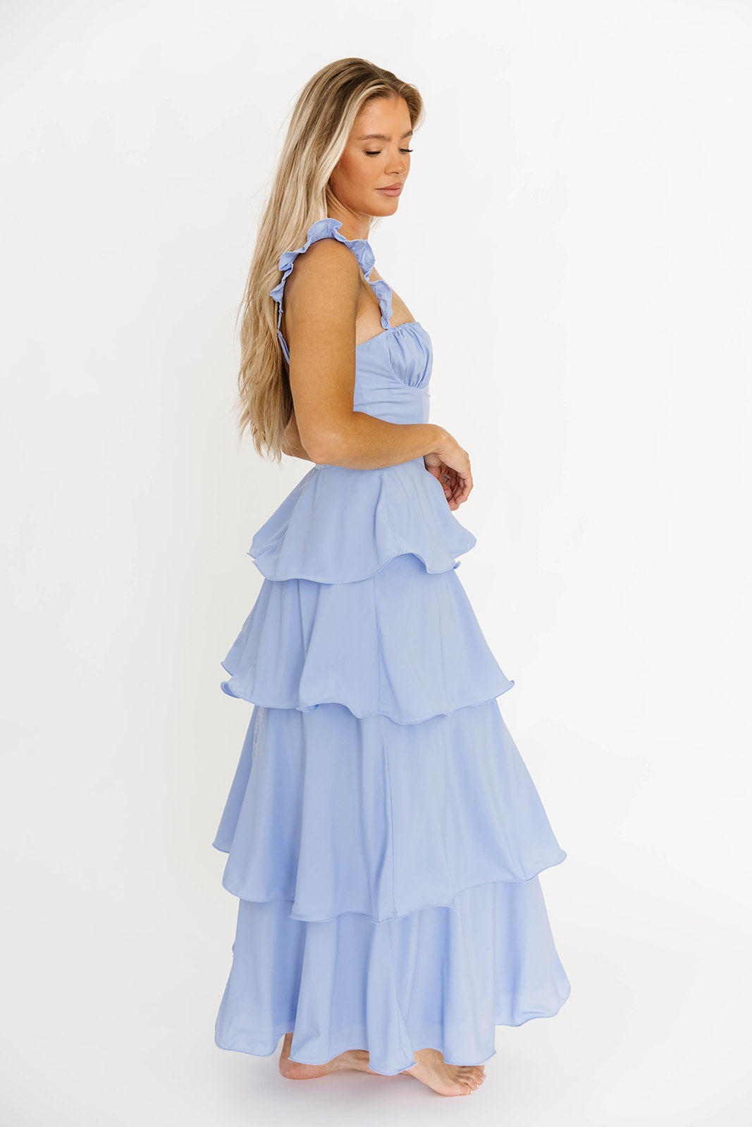 Lily Ruffle Strap Tiered Maxi Dress in Baby Blue | Flowy Summer Beach Dress for Women | Perfect for Vacations, Weddings & Date Nights