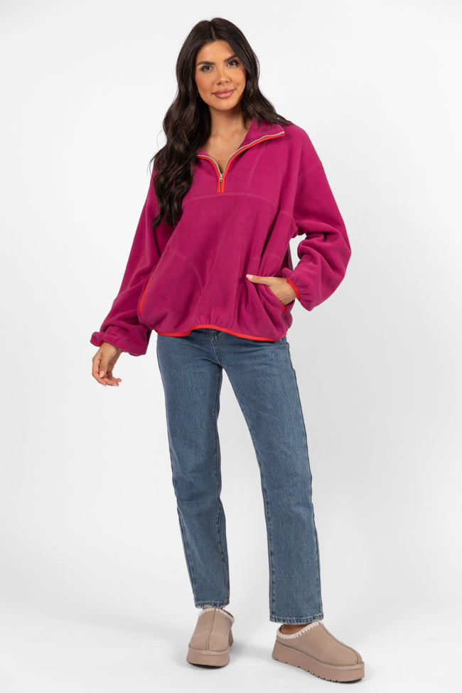 Stylish Magenta Contrast Trim Fleece Pullover for Women - Cozy Winter Outerwear | Perfect for Outdoor Activities, Casual Wear & Layering