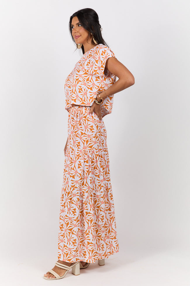 Stylish Orange Multi Floral Print Two Piece Skirt Set for Women | Casual Dinner Outfit & Summer Party Dress | Perfect for Date Nights, Brunch, and Outdoor Events
