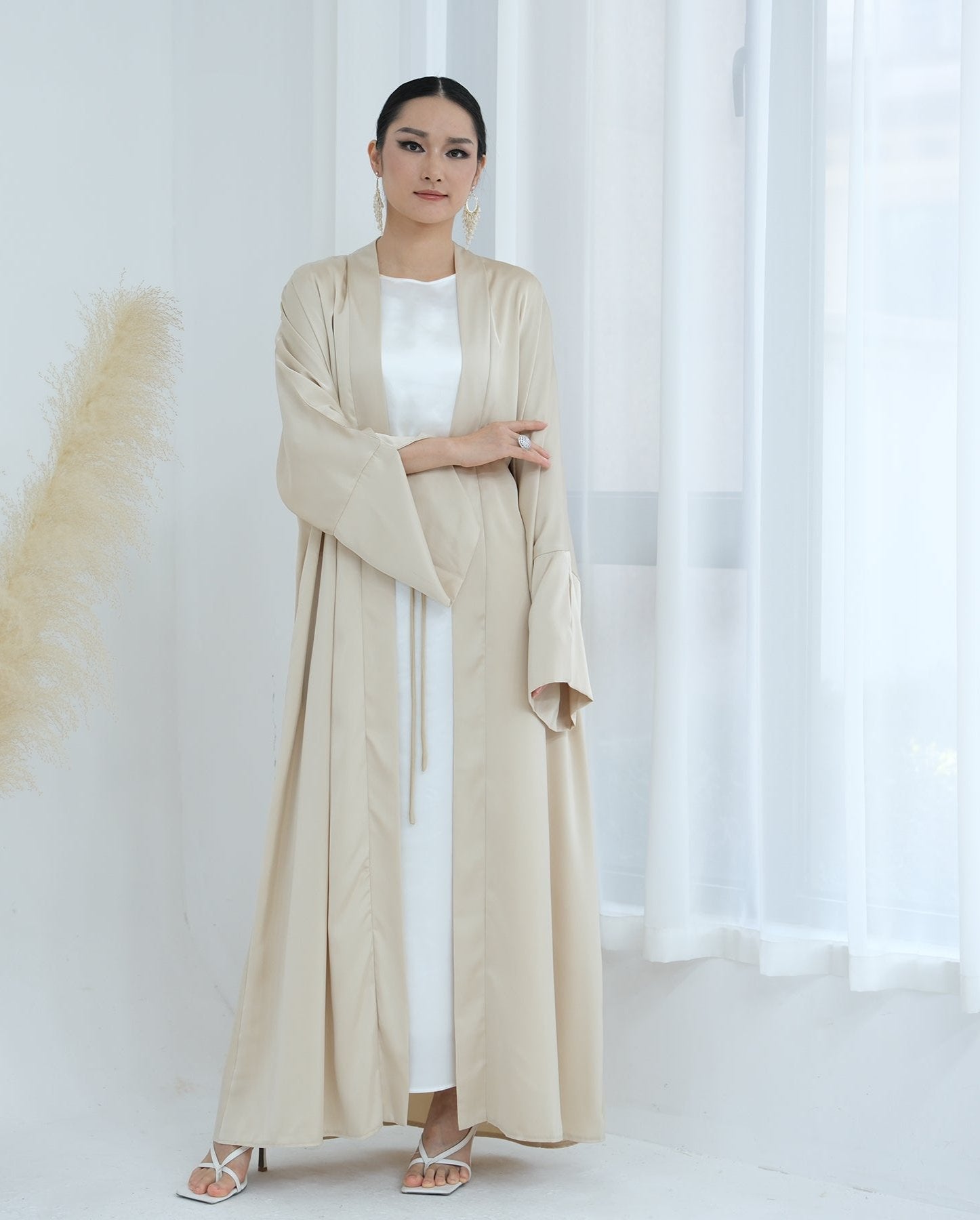 Lavinia Satin Open Abaya Beige - Elegant Muslim Prayer Dress for Women, Perfect for Mosque, Eid & Special Occasions