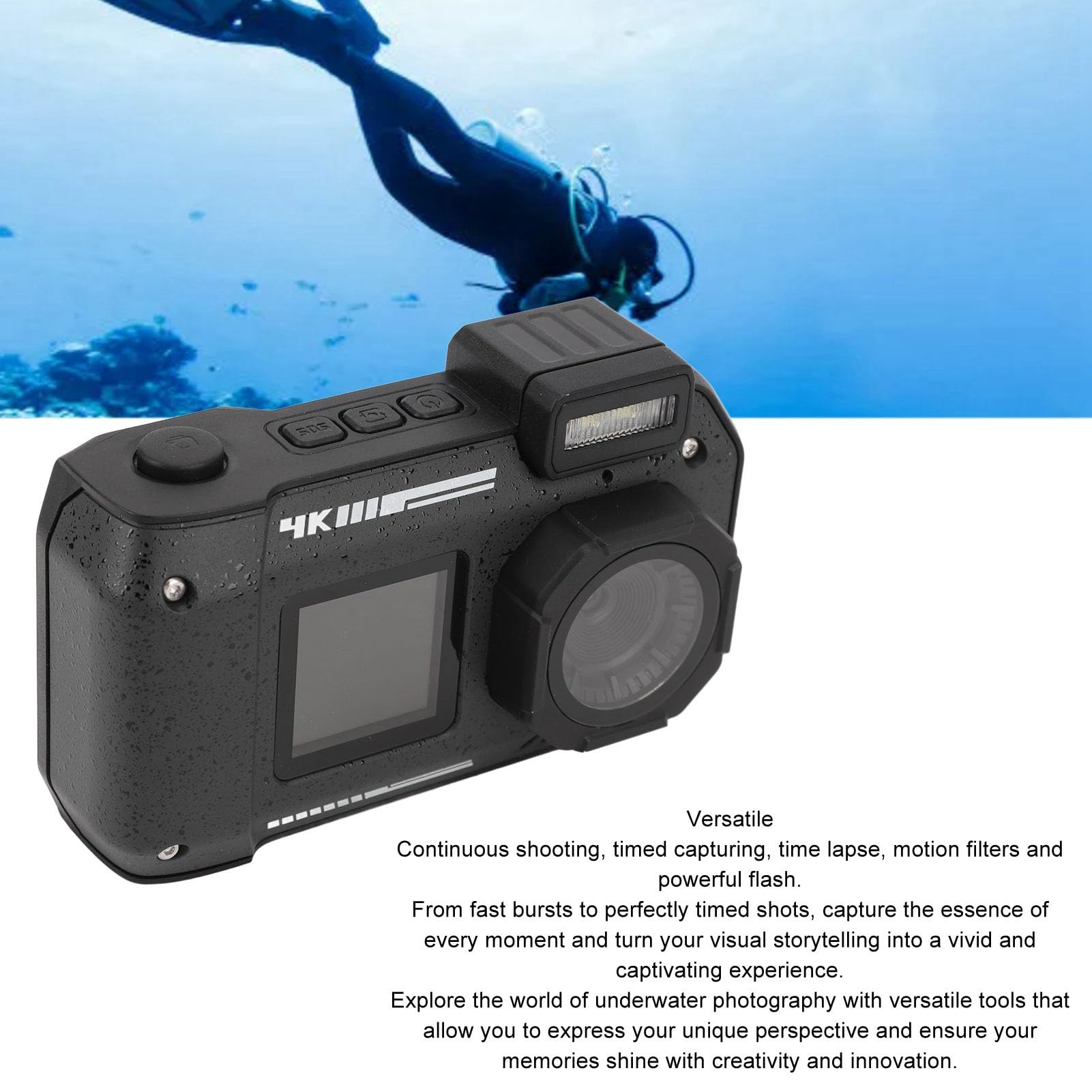 4K Underwater Camera 11FT Waterproof 48MP Autofocus Dual Screen Selfie Digital Camera for Snorkeling, Diving, Swimming & Beach Vacations - Compact Travel Camera (Black)