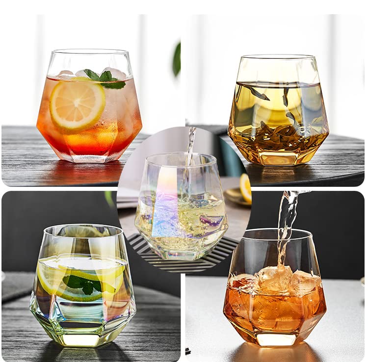 Premium NAVACALA Diamond Whiskey Glasses Set of 4 - 300ml Tilted Scotch Glasses for Bourbon, Rum & Cocktails - Crystal Clear Bar Tumbler for Juice, Water & Whisky - Perfect for Home Bars, Gifts & Entertaining