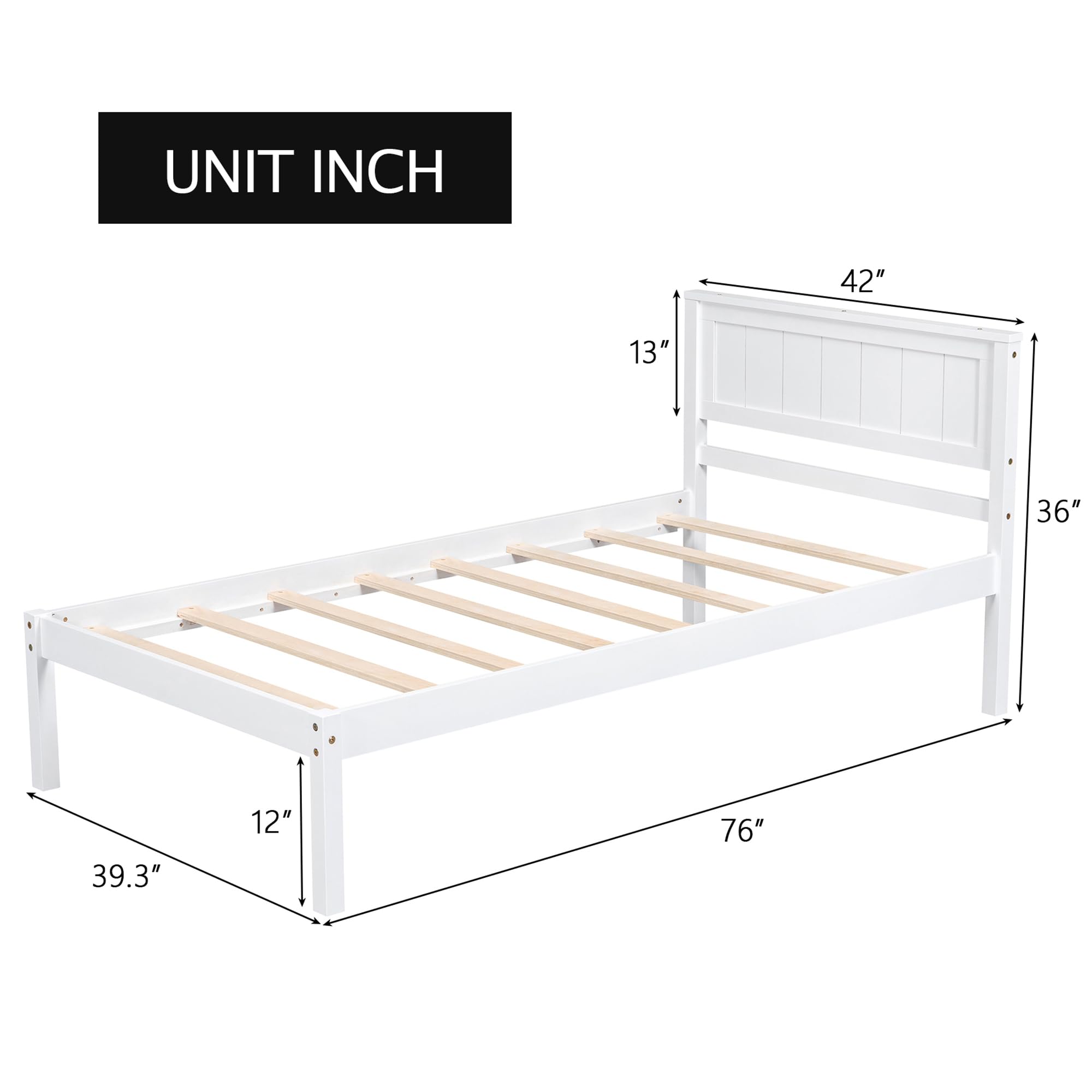 P PURLOVE Twin Size Wooden Platform Bed Frame with Headboard & Slat Support - No Box Spring Needed, White - Perfect for Small Bedrooms, Guest Rooms & Dormitories