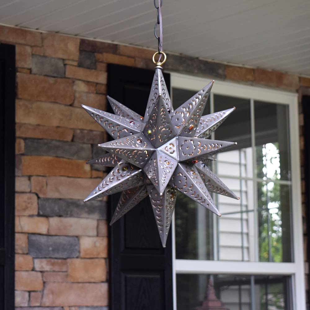 12 Inch Moravian Hanging Tin Star Light with Flower Cut Design and Glass Marbles - Christmas Decor, Holiday Home Lighting, Outdoor Patio Decoration