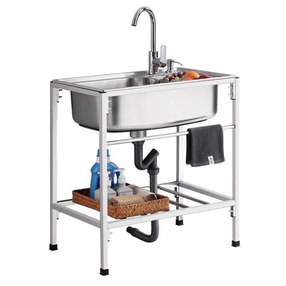 Premium 304 Stainless Steel Single Basin Kitchen Sink with Stand - Free Standing Sink Table Top for Vegetable Washing, Laundry, Backyard & Garage Use - Durable Commercial Sink for Home & Outdoor Scenarios