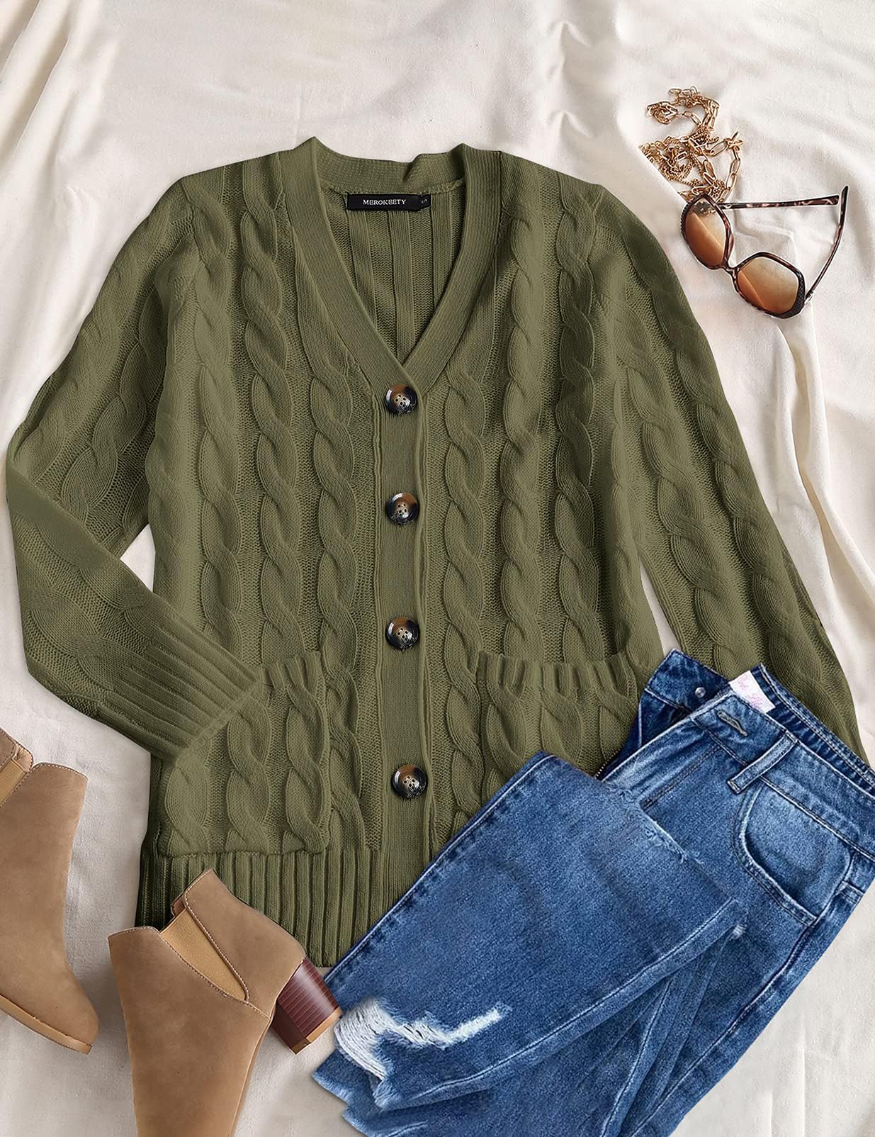 MEROKEETY Women's 2025 Fall Long Sleeve Cable Knit Cardigan Sweater - Open Front Button Loose Fit Outerwear for Casual Wear, Office & Date Night Outfits