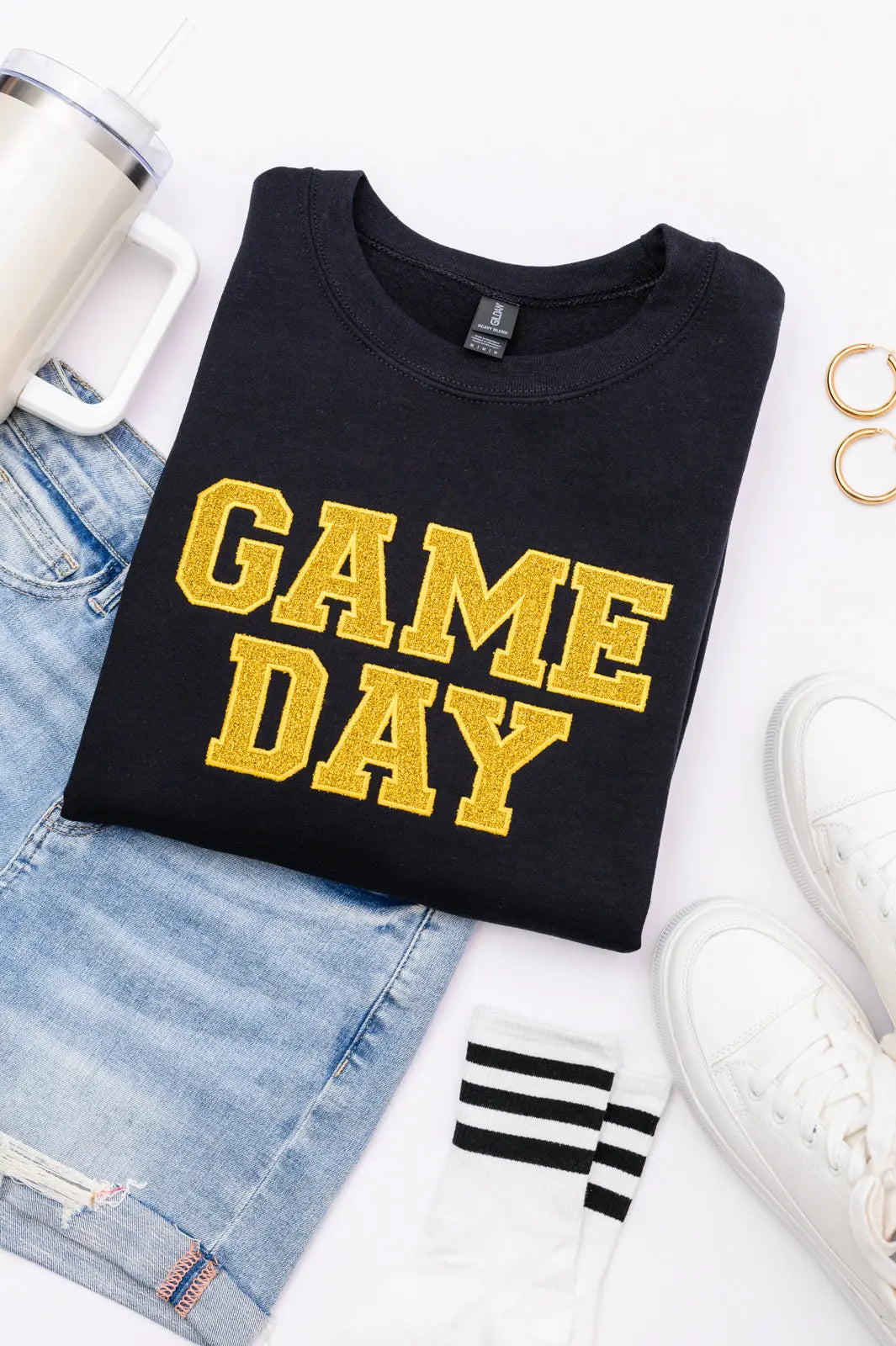 PREORDER: Embroidered Glitter Game Day Sweatshirt - Black & Gold Pullover for Football Fans | Perfect for Tailgating, Sports Events & Casual Wear