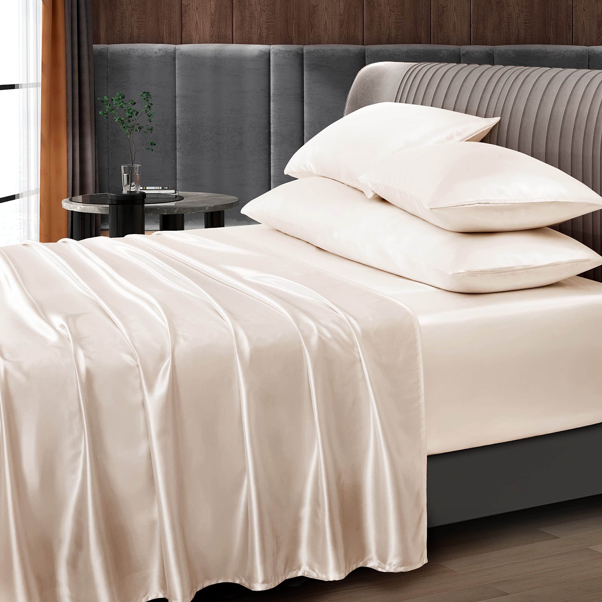 Entisn 5-Piece Extra Deep Pocket Satin Sheet Set for Queen Size Bed (Fits Mattress Up to 24